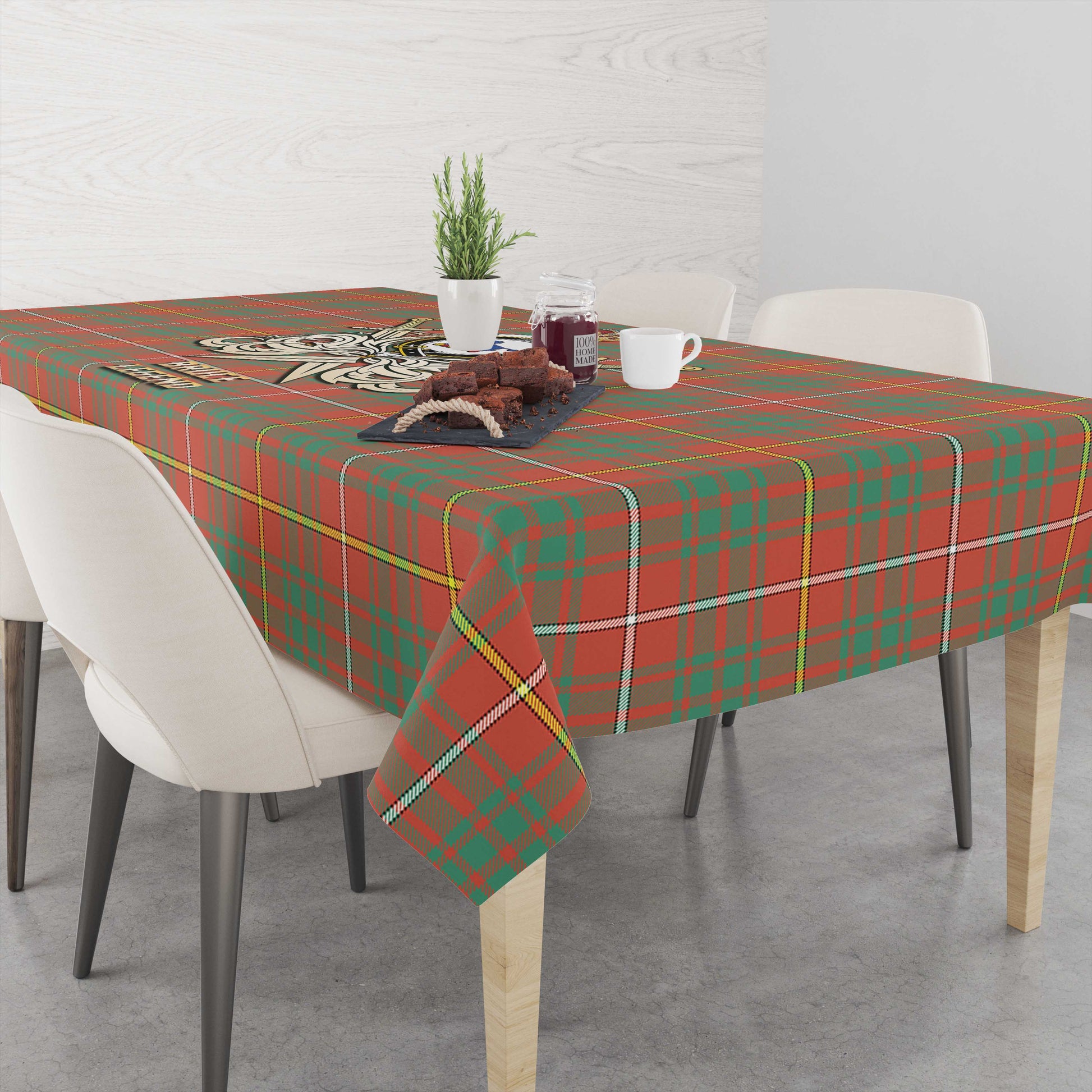 Tartan Vibes Clothing Bruce Ancient Tartan Tablecloth with Clan Crest and the Golden Sword of Courageous Legacy