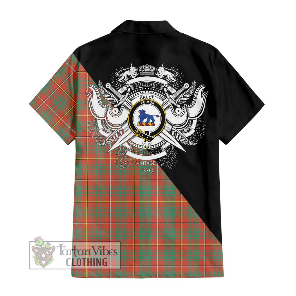 Bruce Ancient Tartan Short Sleeve Button Shirt with Family Crest and Military Logo Style - Tartanvibesclothing Shop