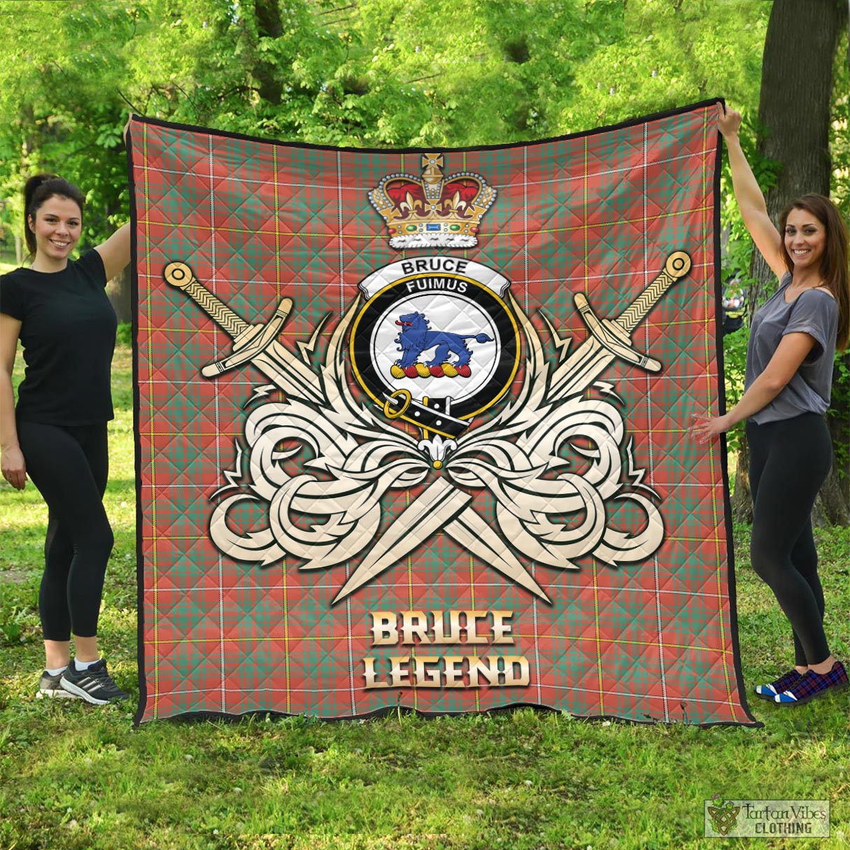 Tartan Vibes Clothing Bruce Ancient Tartan Quilt with Clan Crest and the Golden Sword of Courageous Legacy