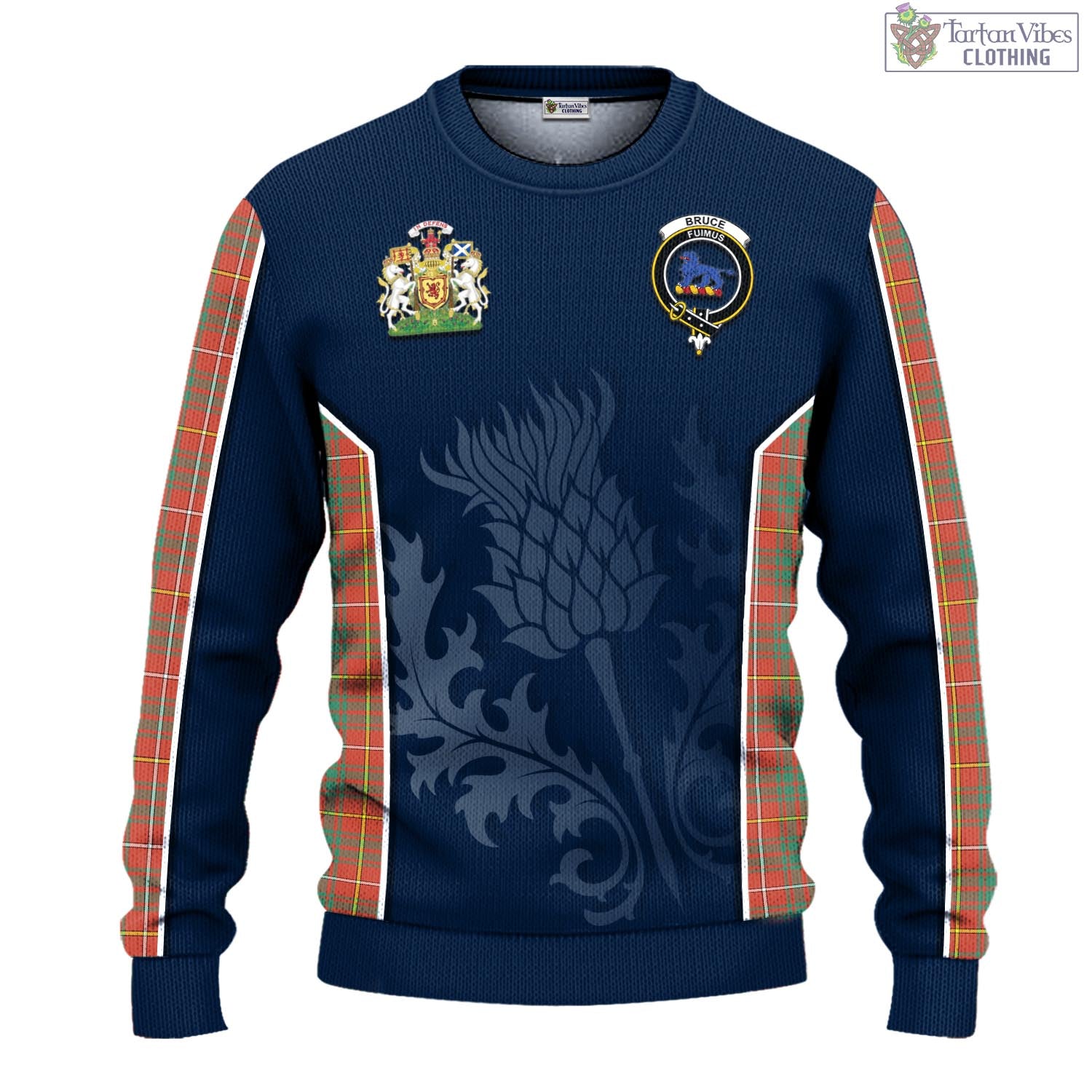 Tartan Vibes Clothing Bruce Ancient Tartan Knitted Sweatshirt with Family Crest and Scottish Thistle Vibes Sport Style