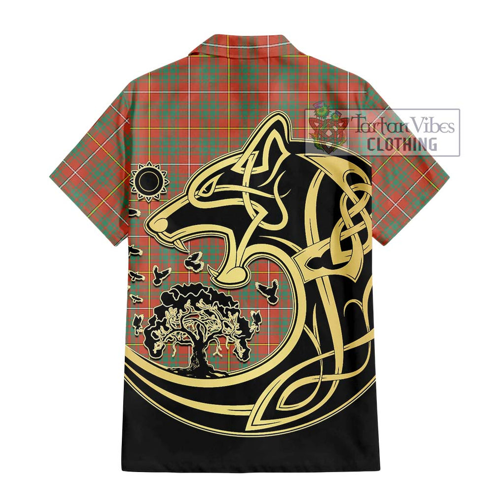 Bruce Ancient Tartan Short Sleeve Button Shirt with Family Crest Celtic Wolf Style - Tartan Vibes Clothing