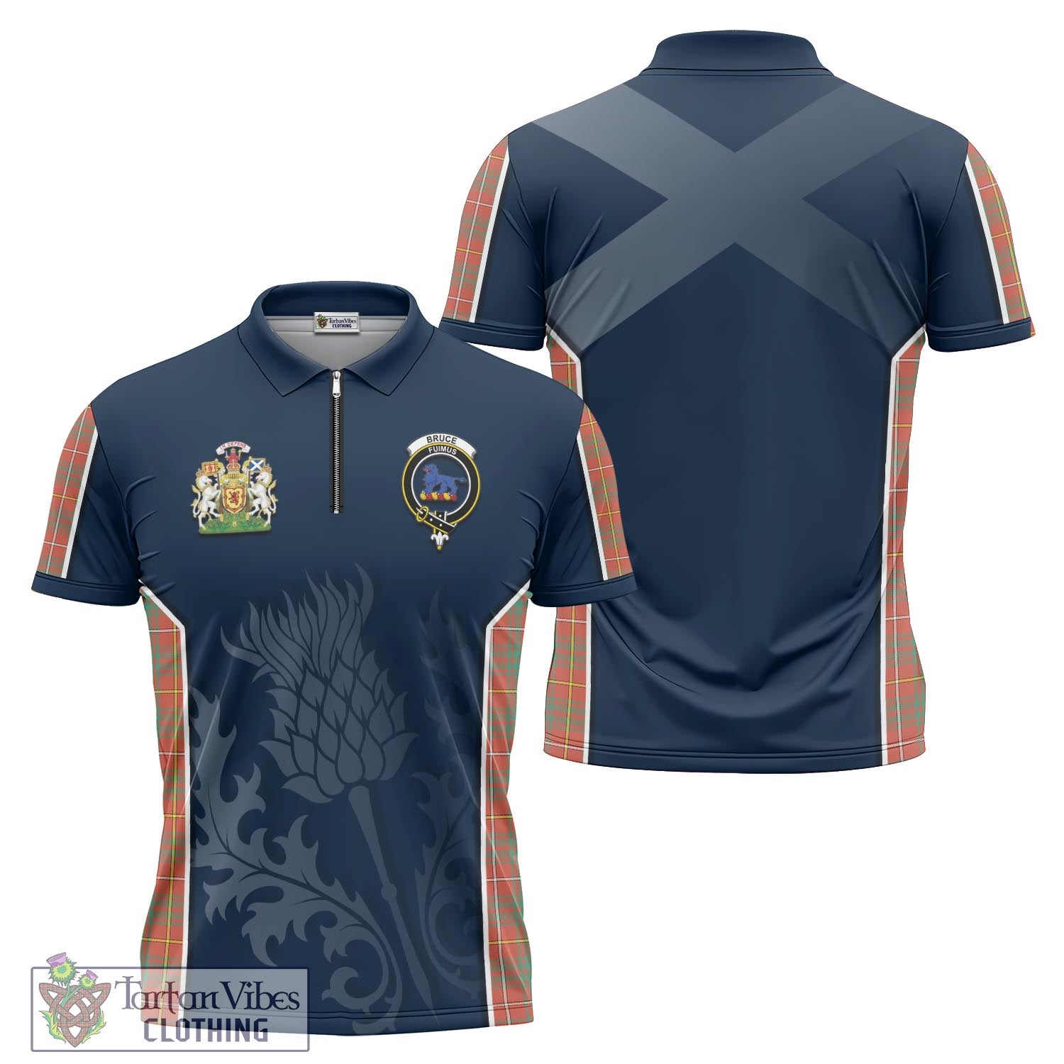 Tartan Vibes Clothing Bruce Ancient Tartan Zipper Polo Shirt with Family Crest and Scottish Thistle Vibes Sport Style