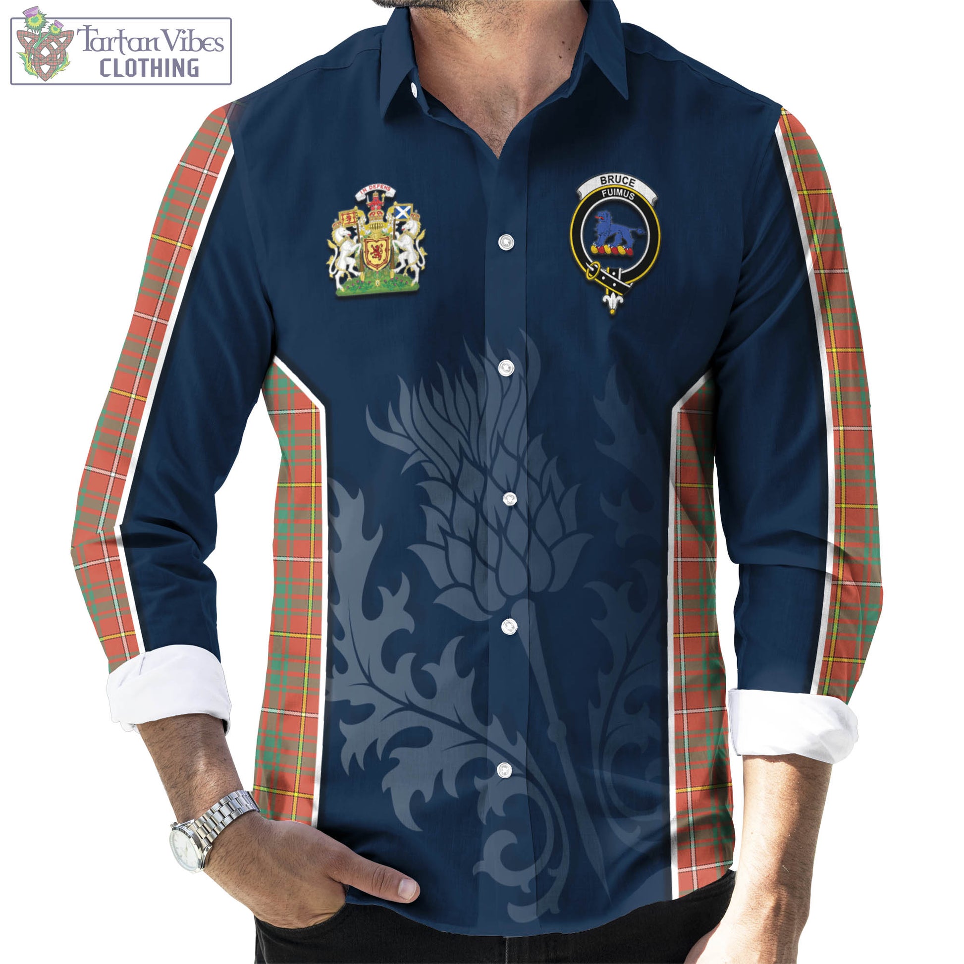 Tartan Vibes Clothing Bruce Ancient Tartan Long Sleeve Button Up Shirt with Family Crest and Scottish Thistle Vibes Sport Style