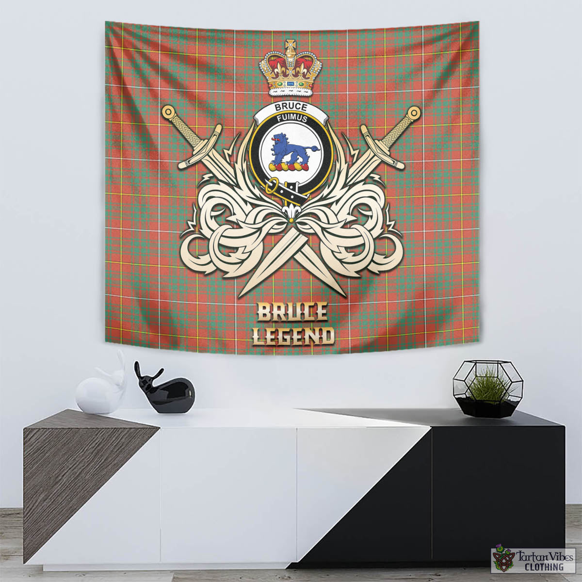 Tartan Vibes Clothing Bruce Ancient Tartan Tapestry with Clan Crest and the Golden Sword of Courageous Legacy