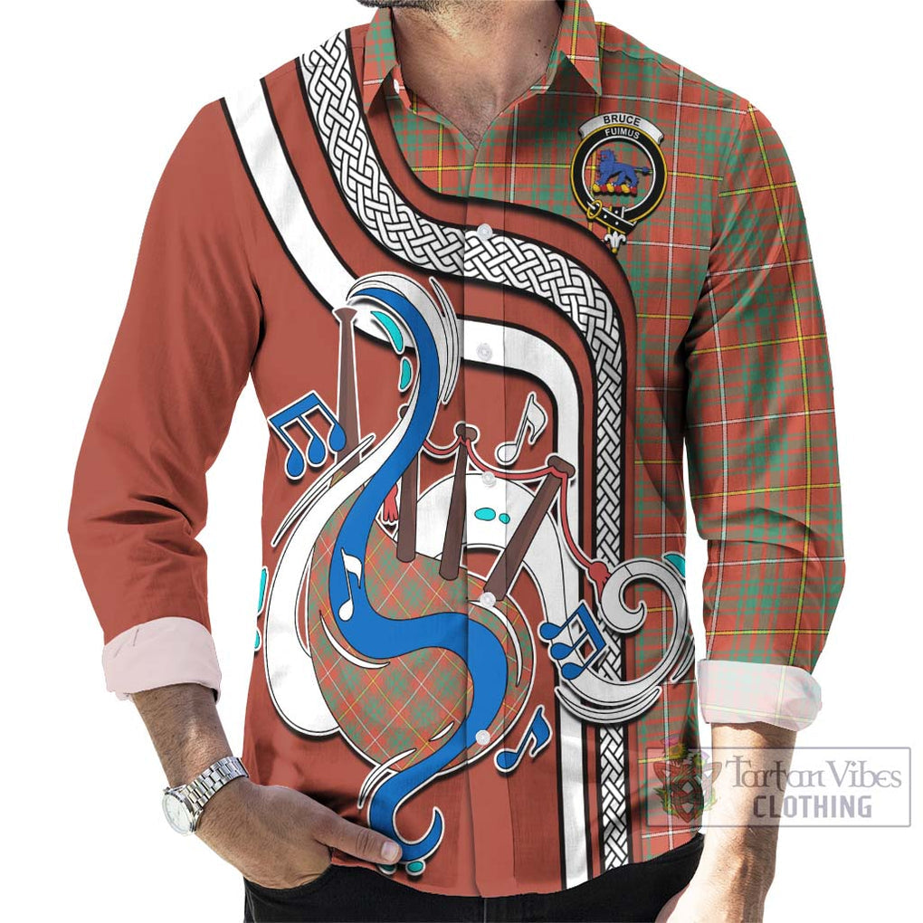 Bruce Ancient Tartan Long Sleeve Button Shirt with Epic Bagpipe Style - Tartanvibesclothing Shop