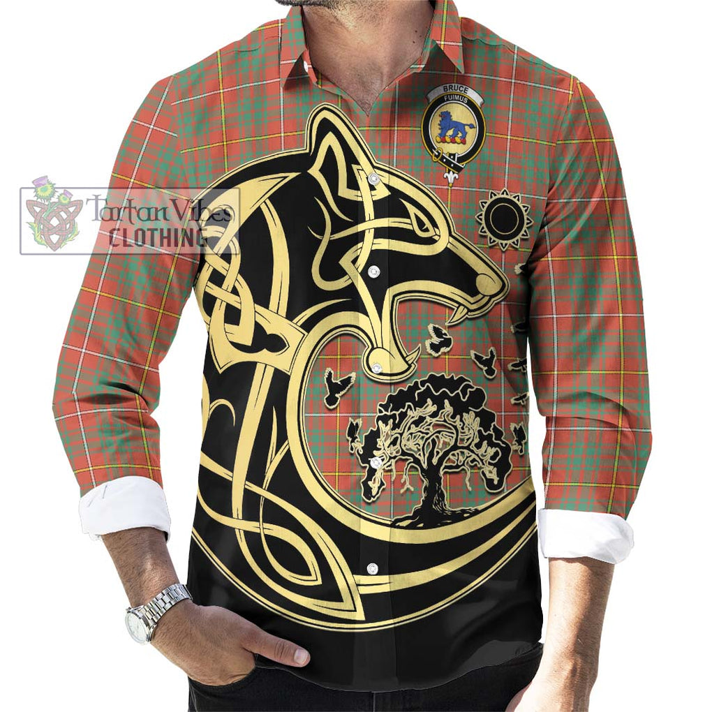 Bruce Ancient Tartan Long Sleeve Button Shirt with Family Crest Celtic Wolf Style - Tartan Vibes Clothing