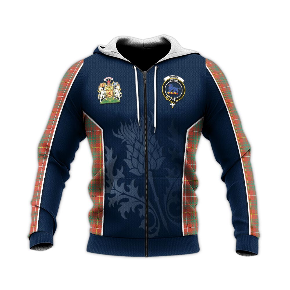 Tartan Vibes Clothing Bruce Ancient Tartan Knitted Hoodie with Family Crest and Scottish Thistle Vibes Sport Style