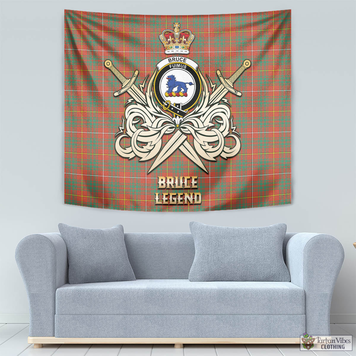 Tartan Vibes Clothing Bruce Ancient Tartan Tapestry with Clan Crest and the Golden Sword of Courageous Legacy