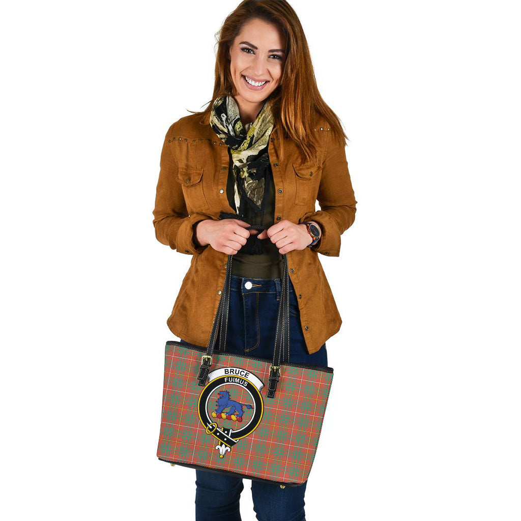 Bruce Ancient Tartan Leather Tote Bag with Family Crest - Tartanvibesclothing