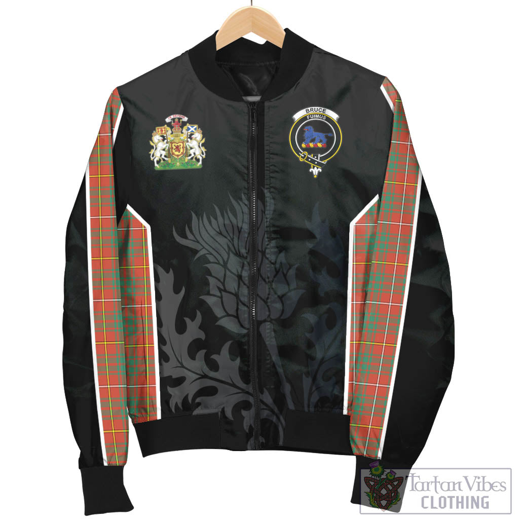 Tartan Vibes Clothing Bruce Ancient Tartan Bomber Jacket with Family Crest and Scottish Thistle Vibes Sport Style