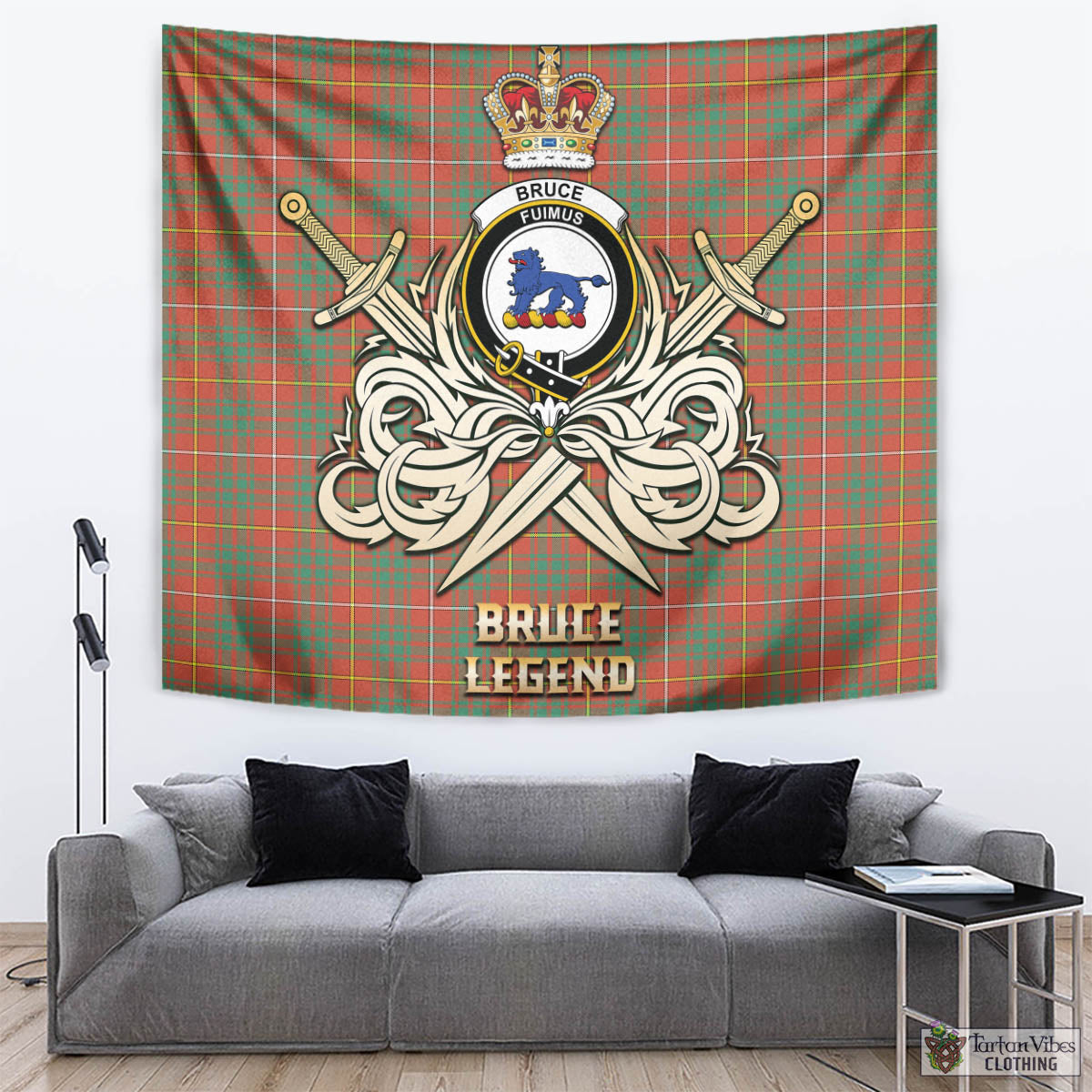 Tartan Vibes Clothing Bruce Ancient Tartan Tapestry with Clan Crest and the Golden Sword of Courageous Legacy