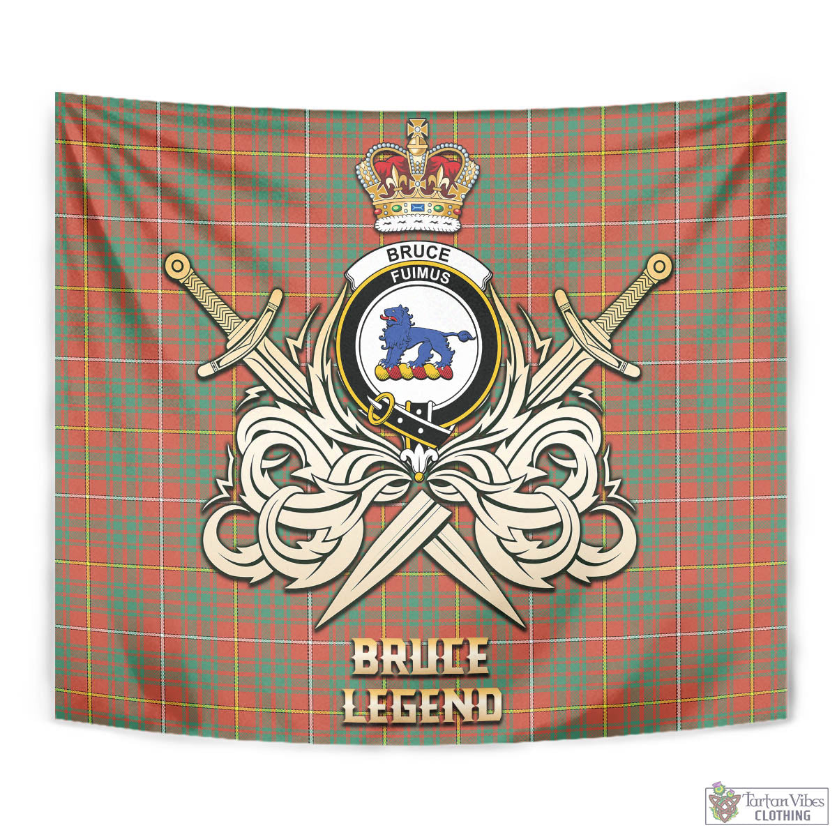 Tartan Vibes Clothing Bruce Ancient Tartan Tapestry with Clan Crest and the Golden Sword of Courageous Legacy