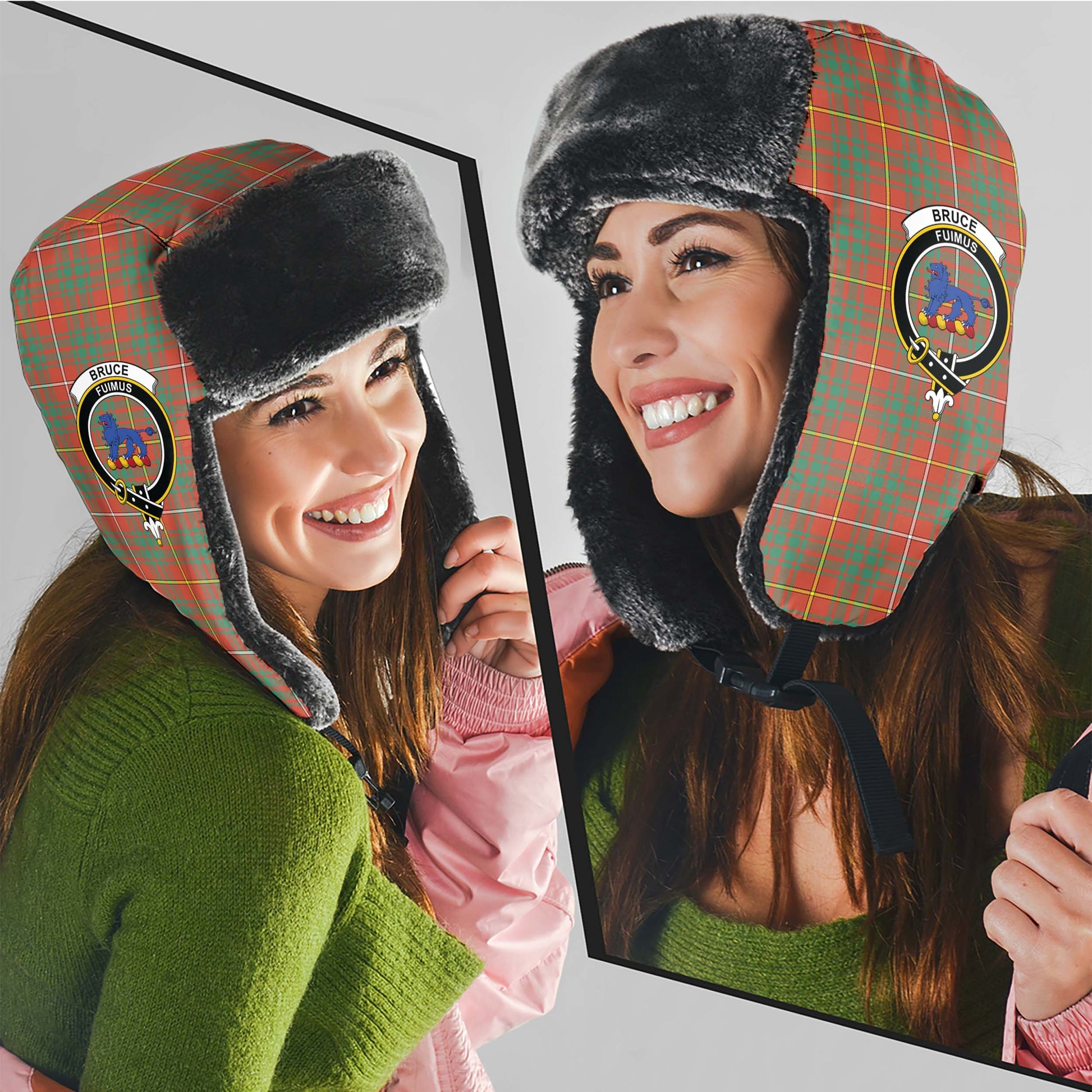 Bruce Ancient Tartan Winter Trapper Hat with Family Crest - Tartanvibesclothing