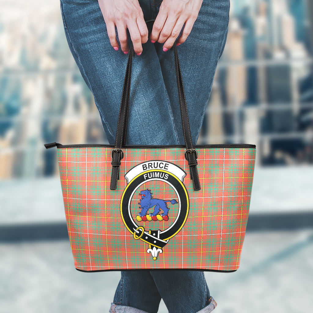 Bruce Ancient Tartan Leather Tote Bag with Family Crest - Tartanvibesclothing