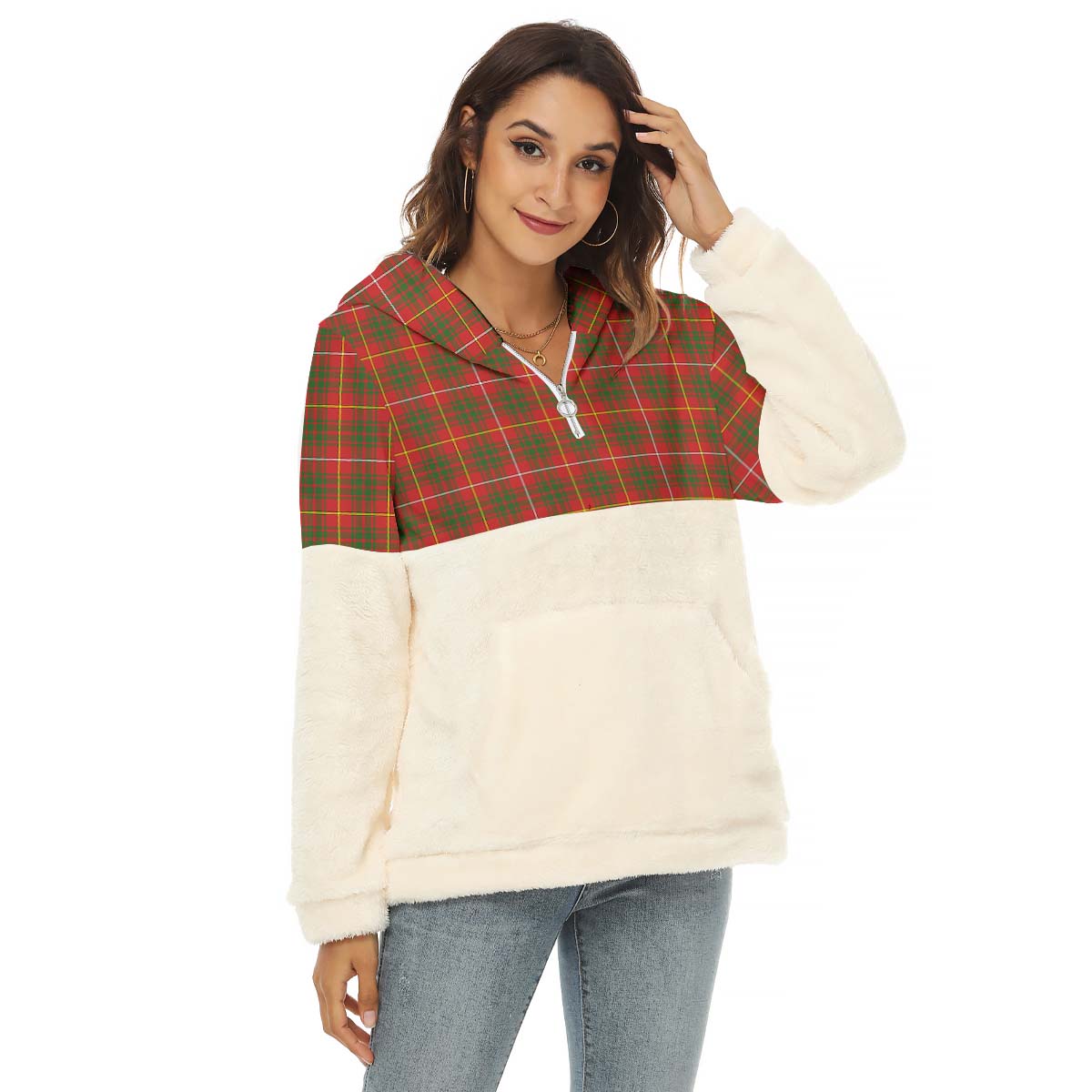 Bruce County Canada Tartan Women's Borg Fleece Hoodie With Half Zip Female - Tartan Vibes Clothing