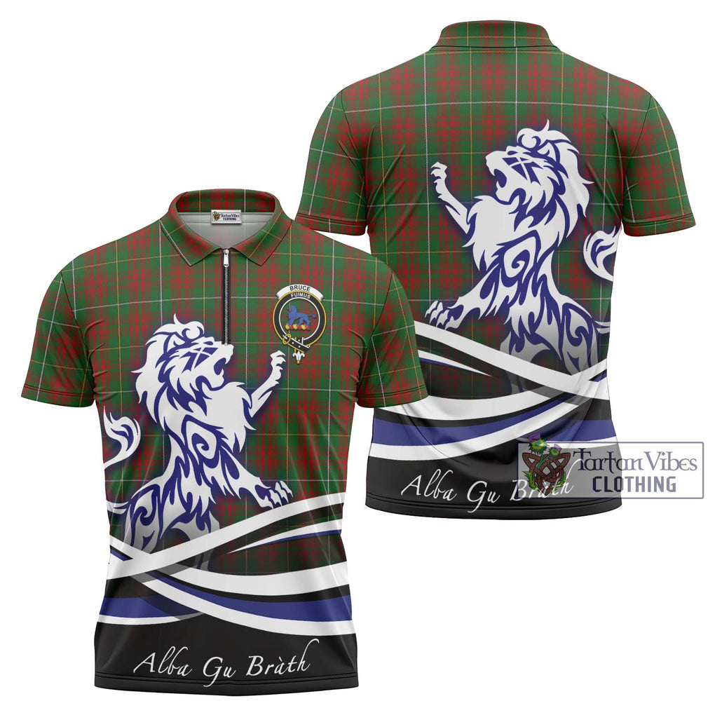 Bruce Hunting Tartan Zipper Polo Shirt with Alba Gu Brath Regal Lion Emblem Unisex - Tartanvibesclothing Shop