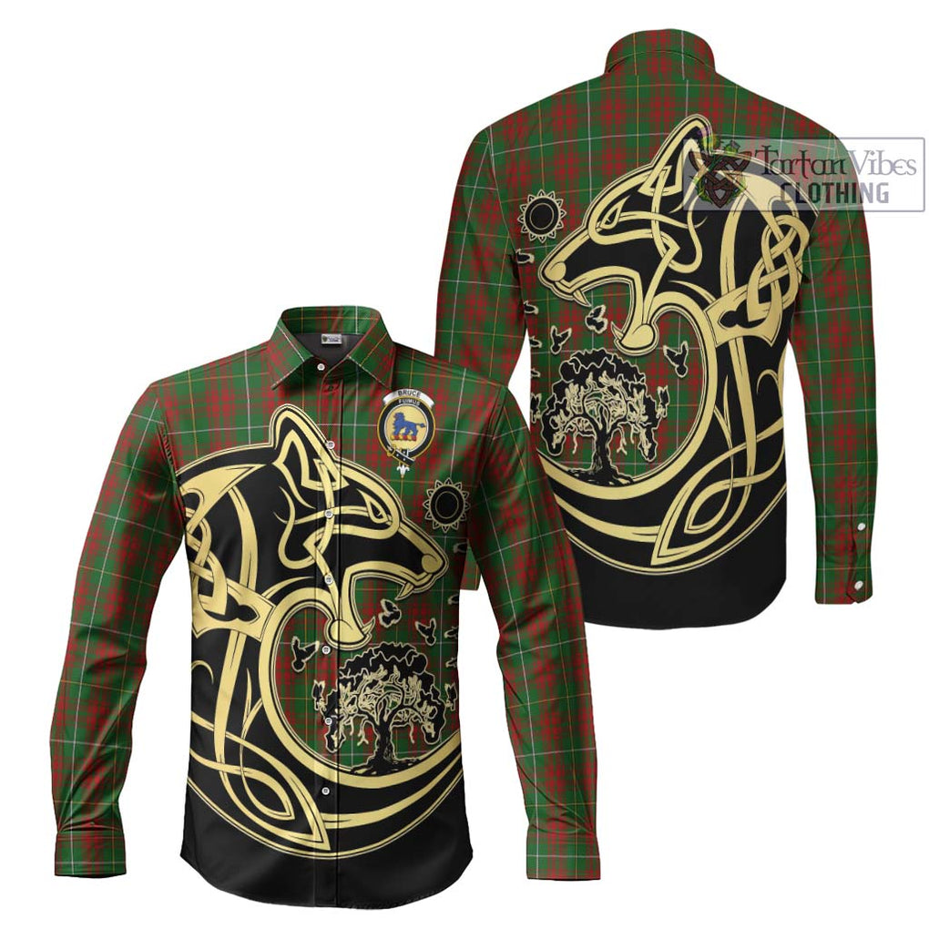 Bruce Hunting Tartan Long Sleeve Button Shirt with Family Crest Celtic Wolf Style Men's Shirt S - Tartan Vibes Clothing