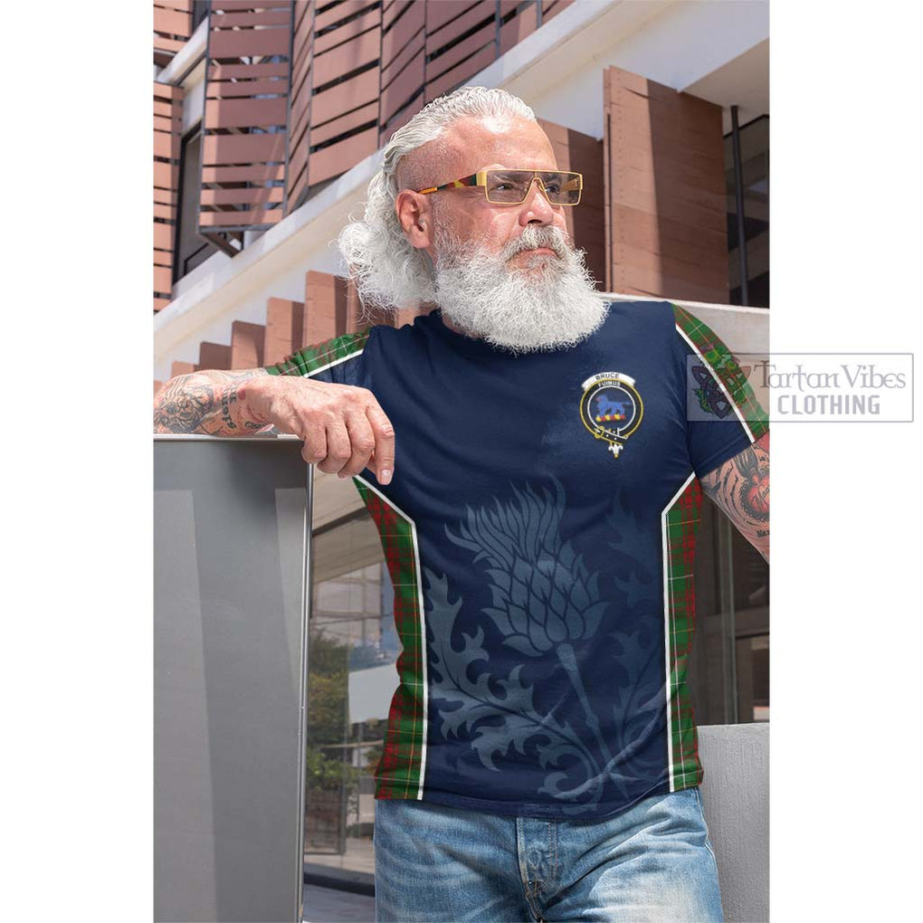 Tartan Vibes Clothing Bruce Hunting Tartan Cotton T-shirt with Family Crest and Scottish Thistle Vibes Sport Style