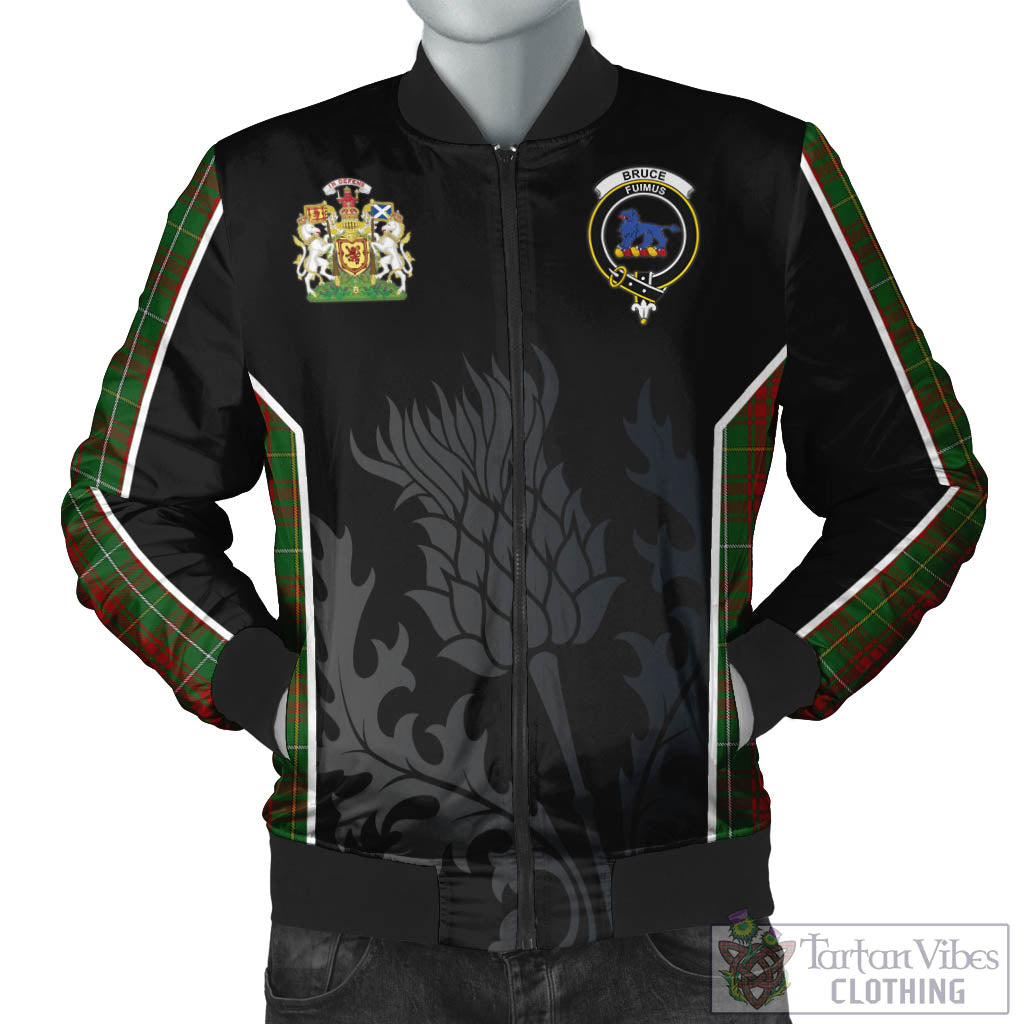 Tartan Vibes Clothing Bruce Hunting Tartan Bomber Jacket with Family Crest and Scottish Thistle Vibes Sport Style