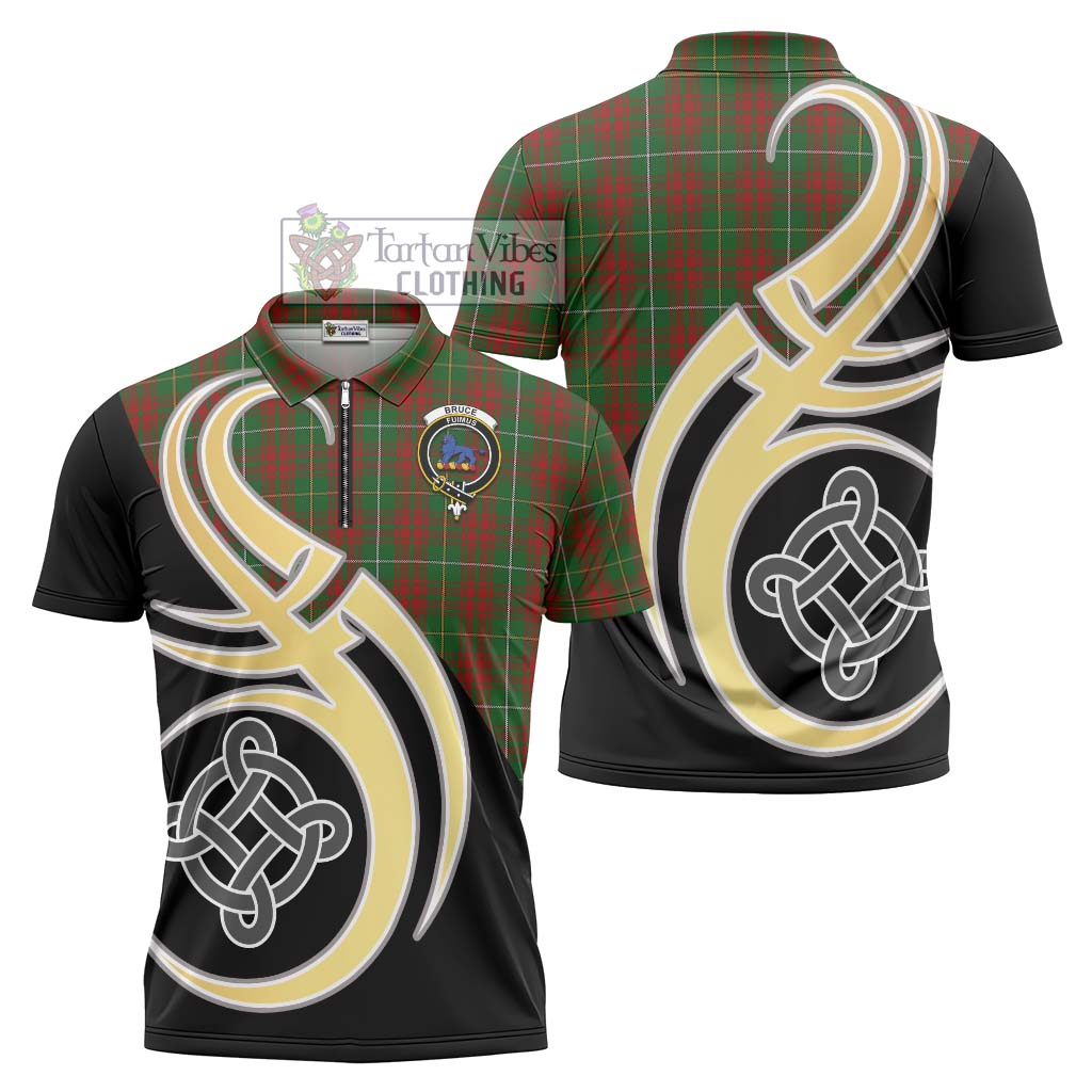 Tartan Vibes Clothing Bruce Hunting Tartan Zipper Polo Shirt with Family Crest and Celtic Symbol Style