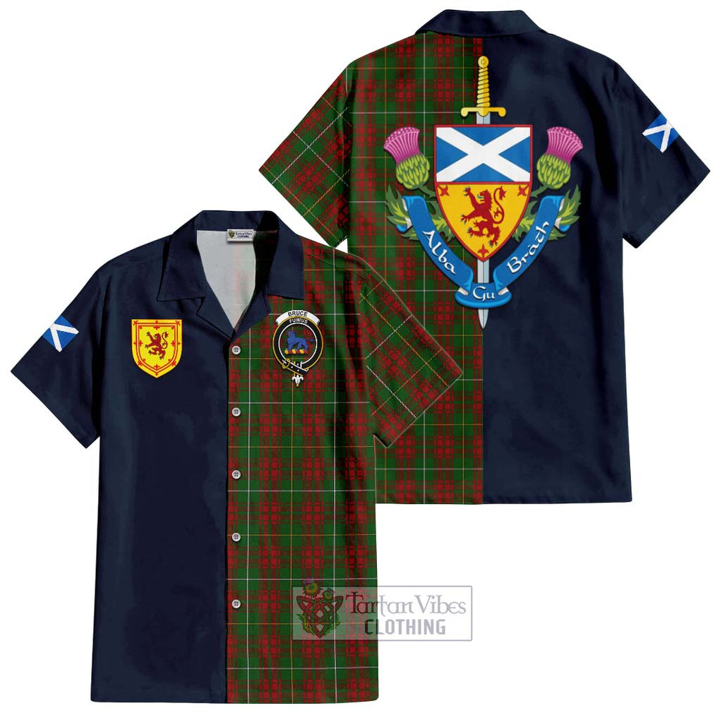 Tartan Vibes Clothing Bruce Hunting Tartan Short Sleeve Button Shirt with Scottish Lion Royal Arm Half Style