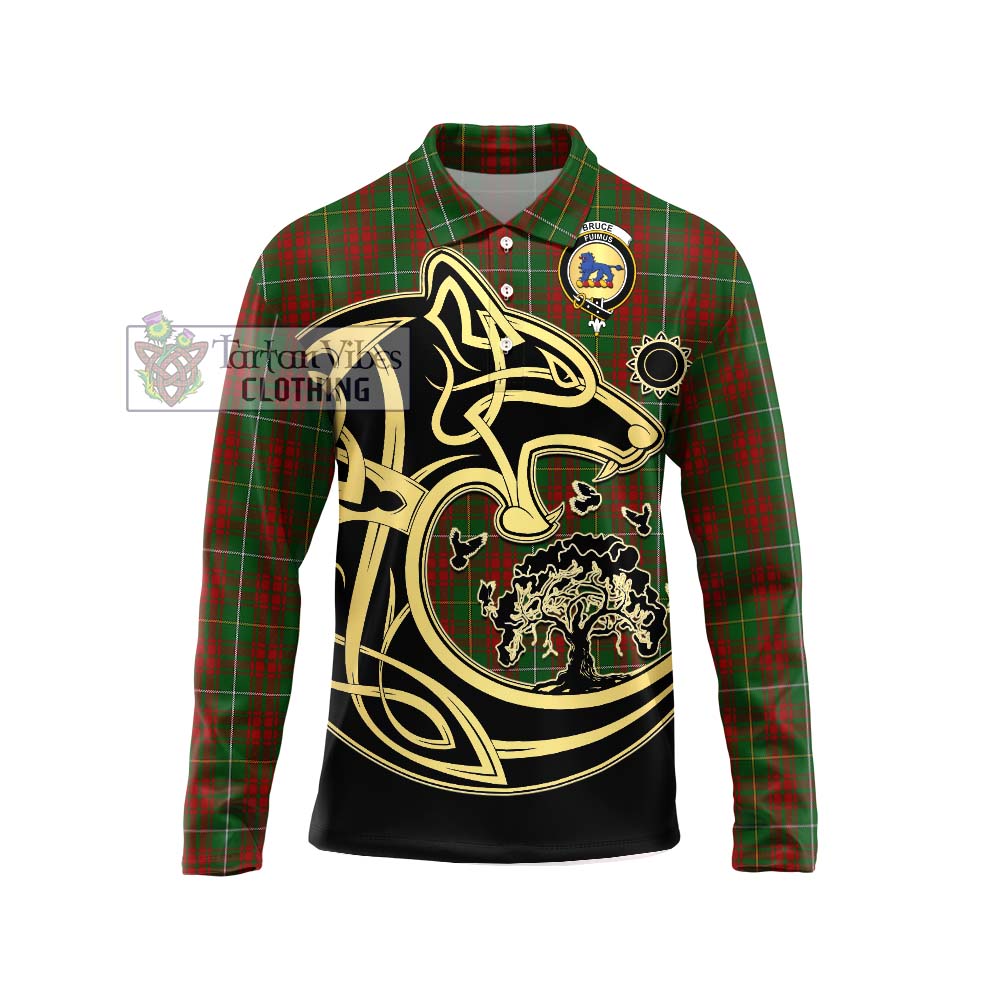 Bruce Hunting Tartan Long Sleeve Polo Shirt with Family Crest Celtic Wolf Style Unisex - Tartanvibesclothing Shop