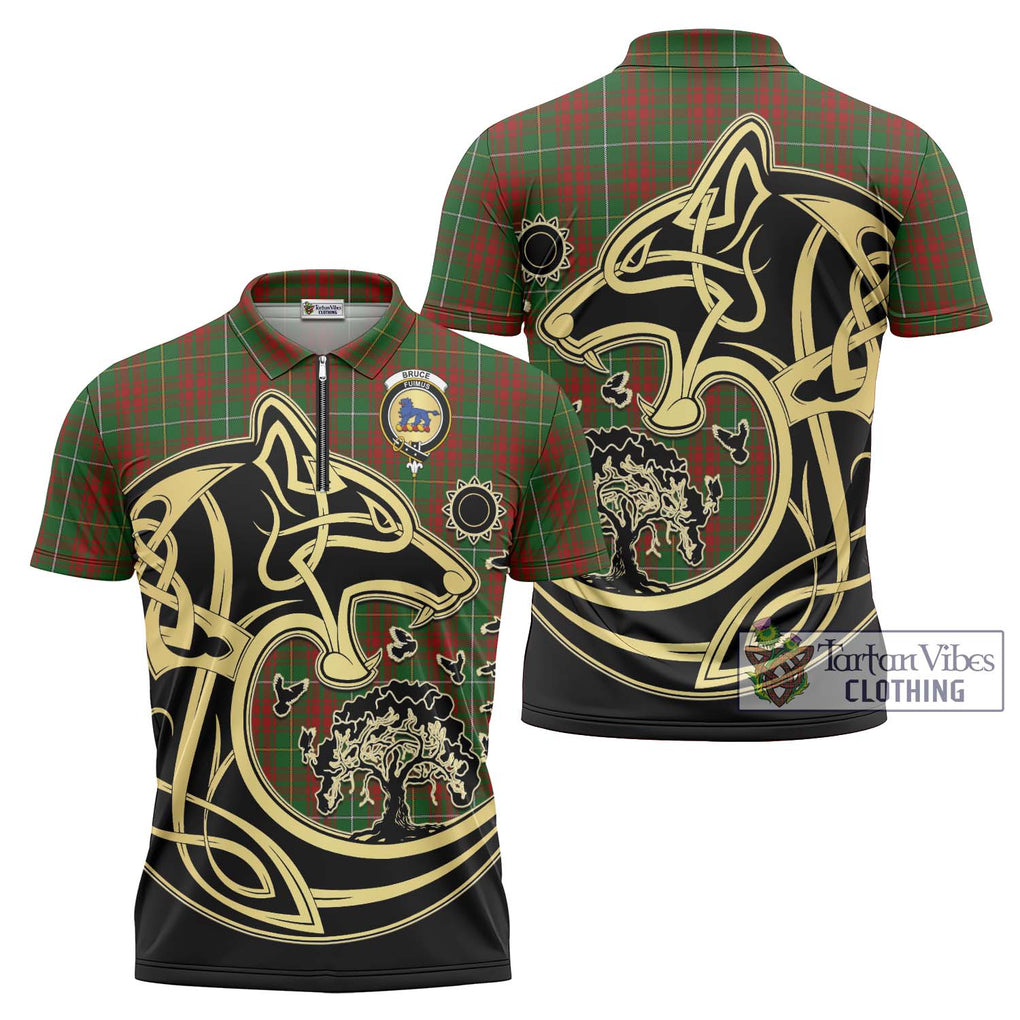 Bruce Hunting Tartan Zipper Polo Shirt with Family Crest Celtic Wolf Style Unisex - Tartanvibesclothing Shop