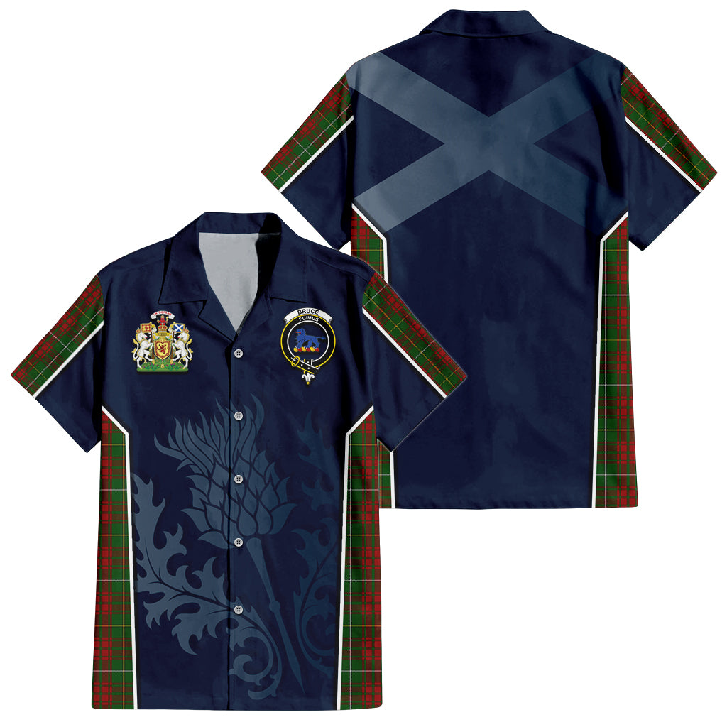 Tartan Vibes Clothing Bruce Hunting Tartan Short Sleeve Button Up Shirt with Family Crest and Scottish Thistle Vibes Sport Style