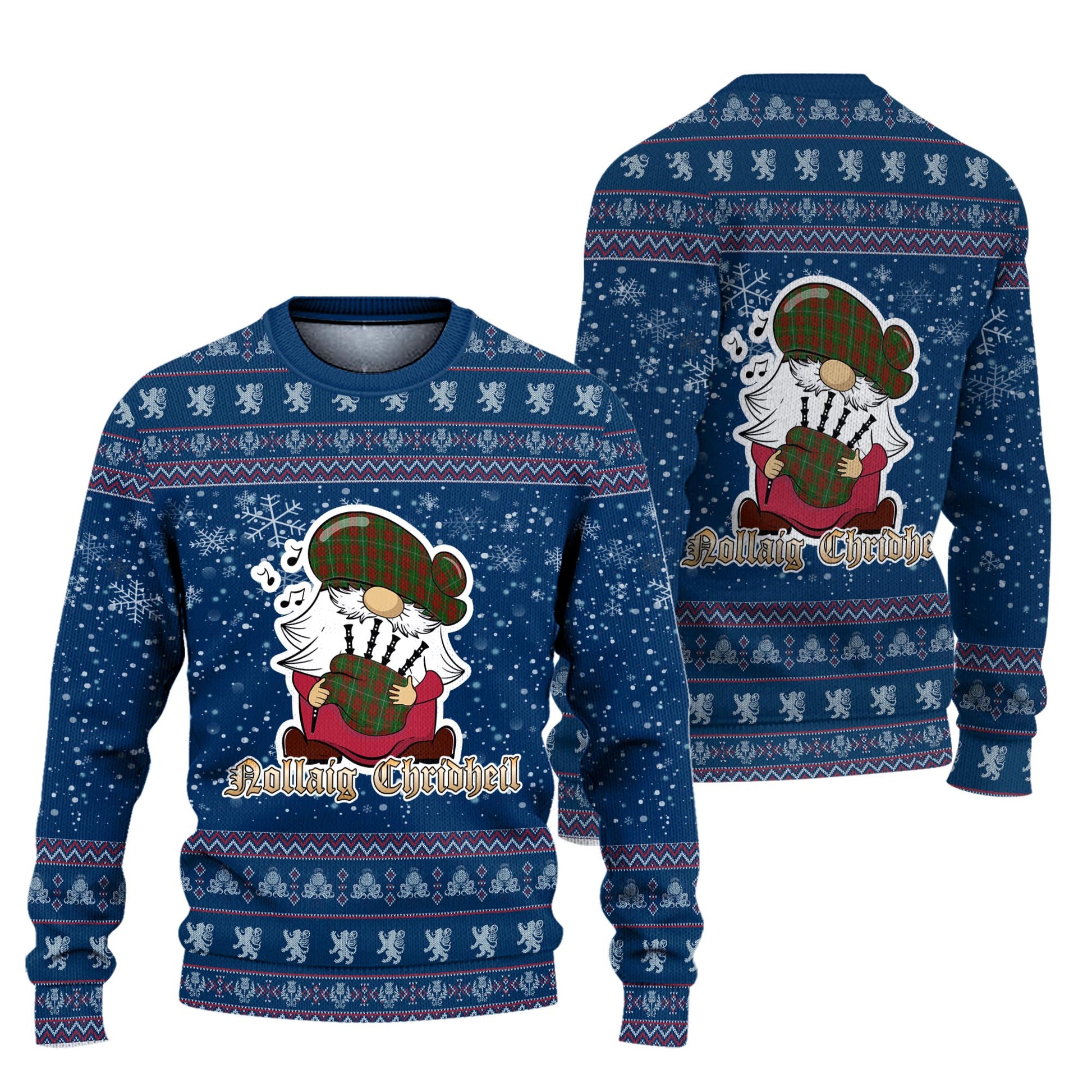 Bruce Hunting Clan Christmas Family Knitted Sweater with Funny Gnome Playing Bagpipes Unisex Blue - Tartanvibesclothing