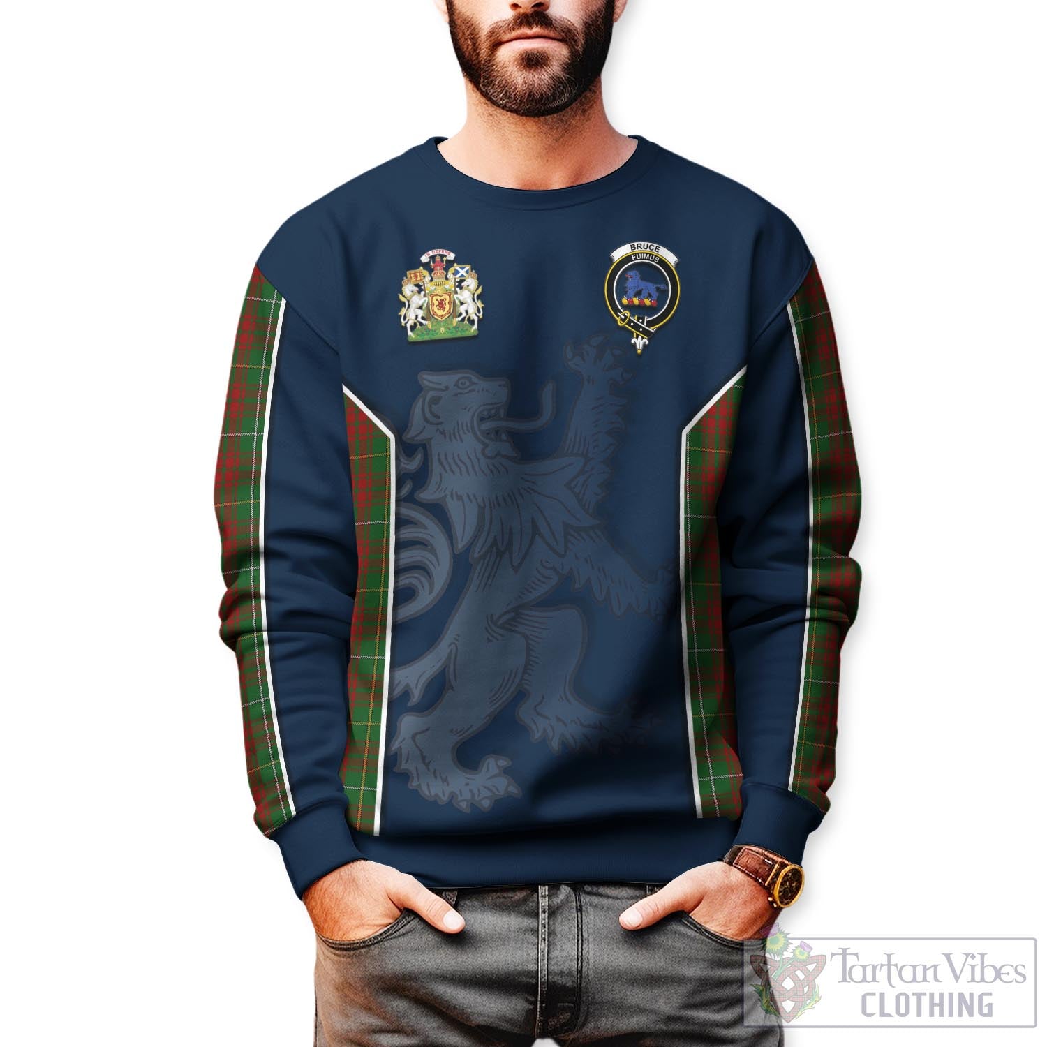 Tartan Vibes Clothing Bruce Hunting Tartan Sweater with Family Crest and Lion Rampant Vibes Sport Style