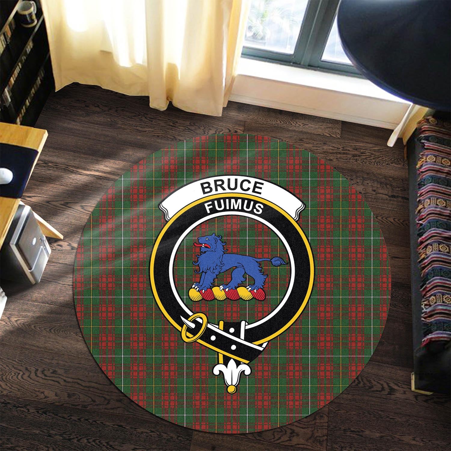 Bruce Hunting Tartan Round Rug with Family Crest - Tartanvibesclothing