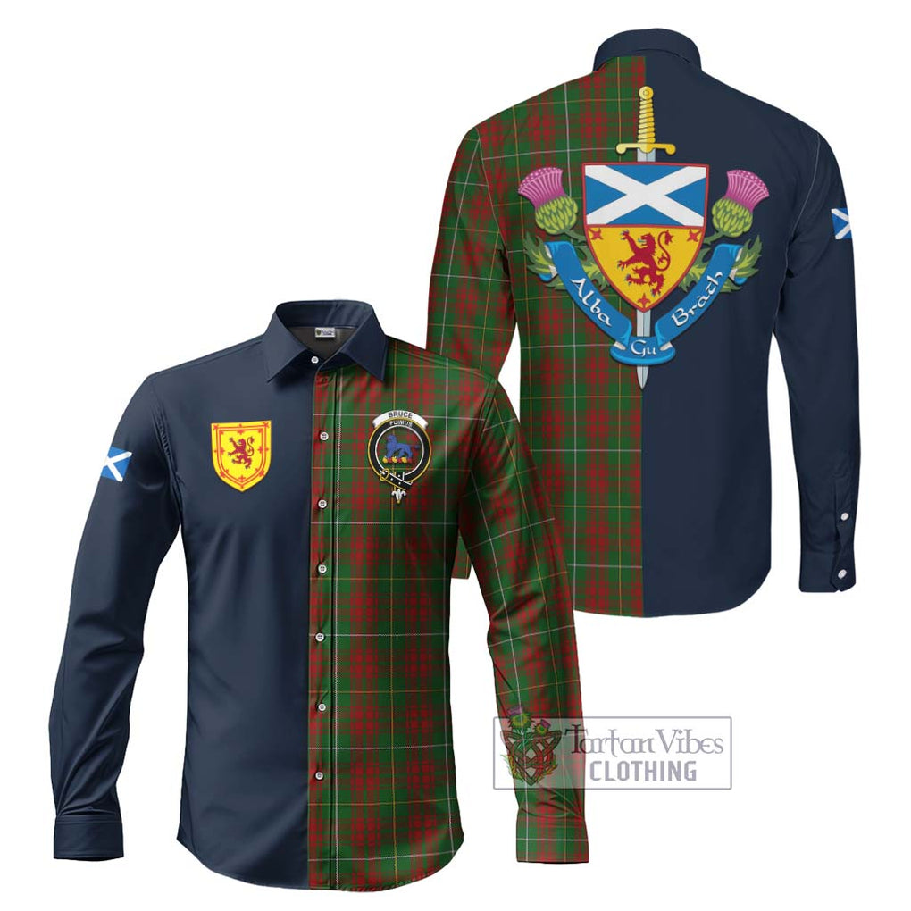 Tartan Vibes Clothing Bruce Hunting Tartan Long Sleeve Button Shirt with Scottish Lion Royal Arm Half Style