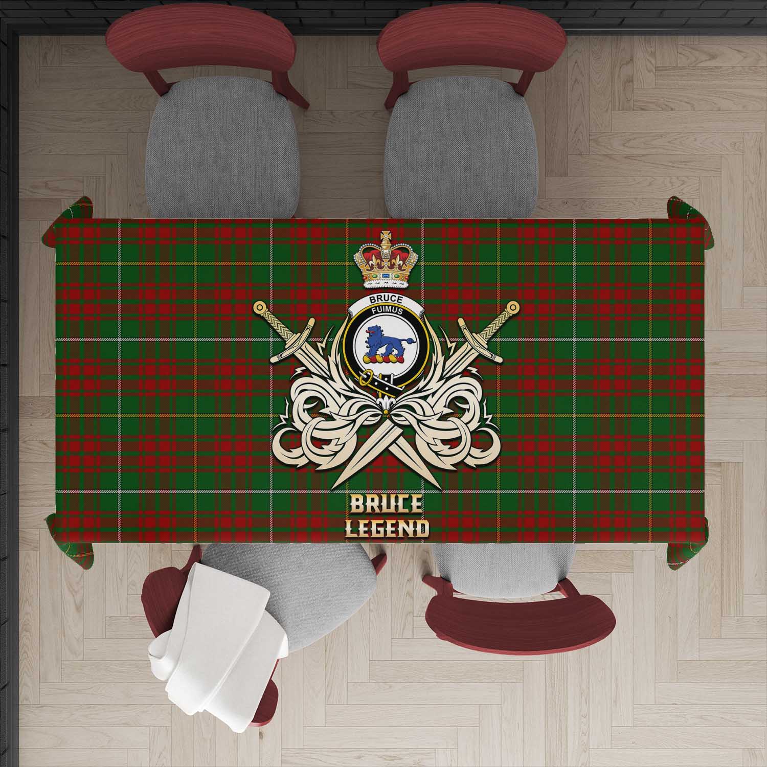 Tartan Vibes Clothing Bruce Hunting Tartan Tablecloth with Clan Crest and the Golden Sword of Courageous Legacy