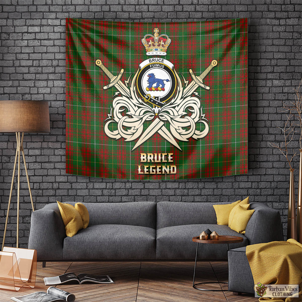 Tartan Vibes Clothing Bruce Hunting Tartan Tapestry with Clan Crest and the Golden Sword of Courageous Legacy