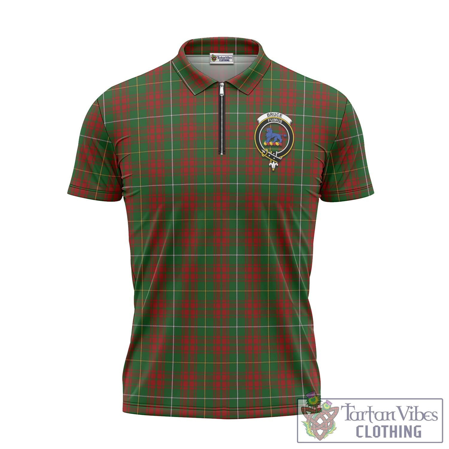 Tartan Vibes Clothing Bruce Hunting Tartan Zipper Polo Shirt with Family Crest