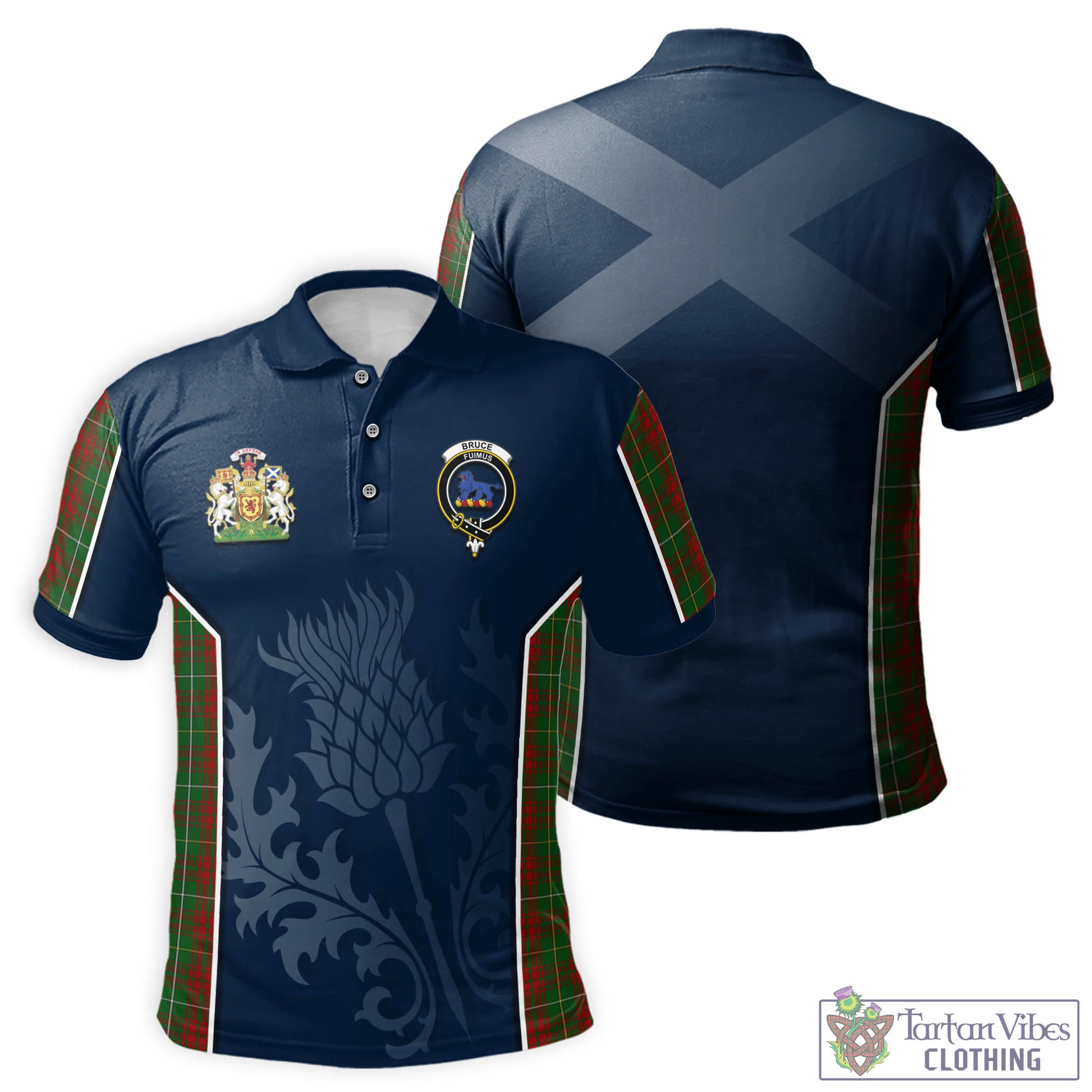 Tartan Vibes Clothing Bruce Hunting Tartan Men's Polo Shirt with Family Crest and Scottish Thistle Vibes Sport Style