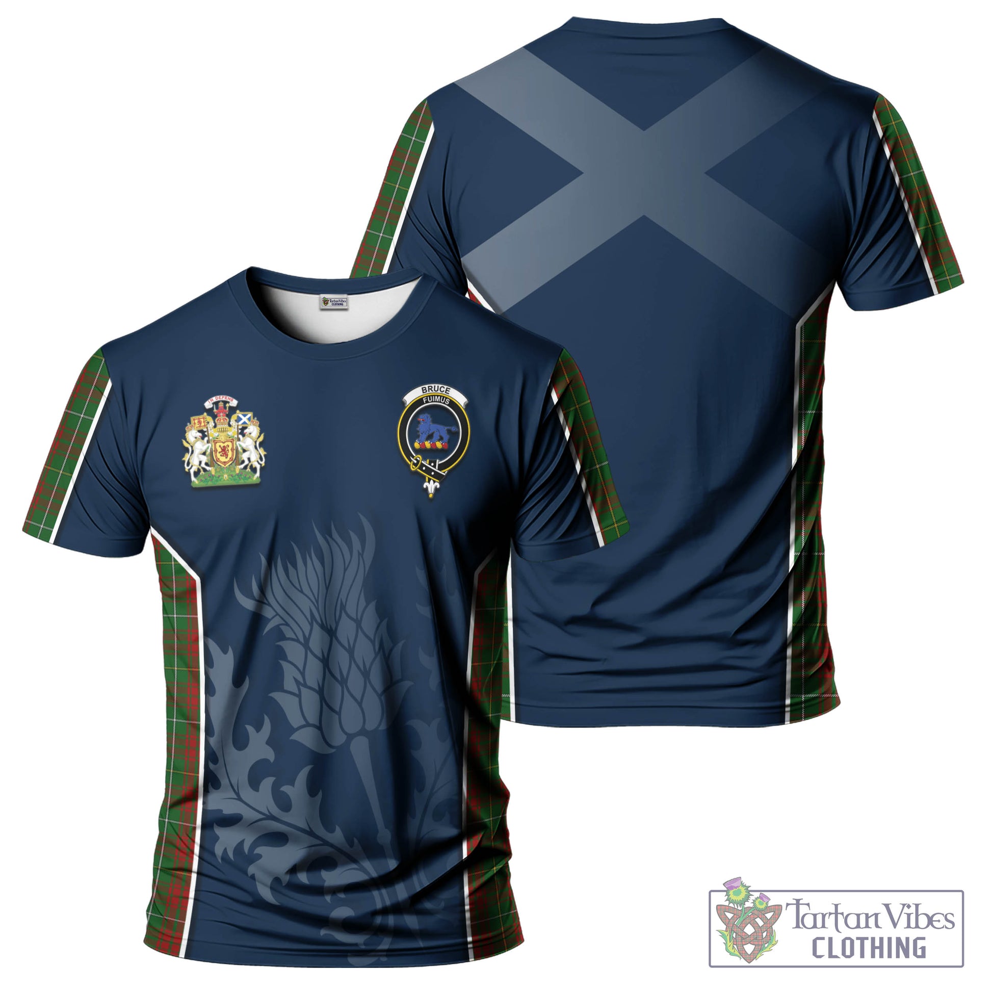 Tartan Vibes Clothing Bruce Hunting Tartan T-Shirt with Family Crest and Scottish Thistle Vibes Sport Style