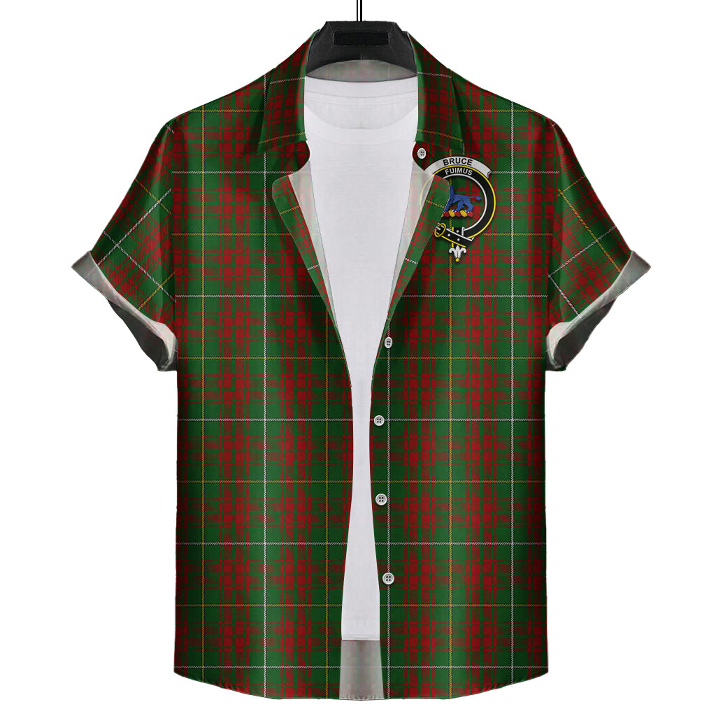 Bruce Hunting Tartan Short Sleeve Button Down Shirt with Family Crest - Tartanvibesclothing