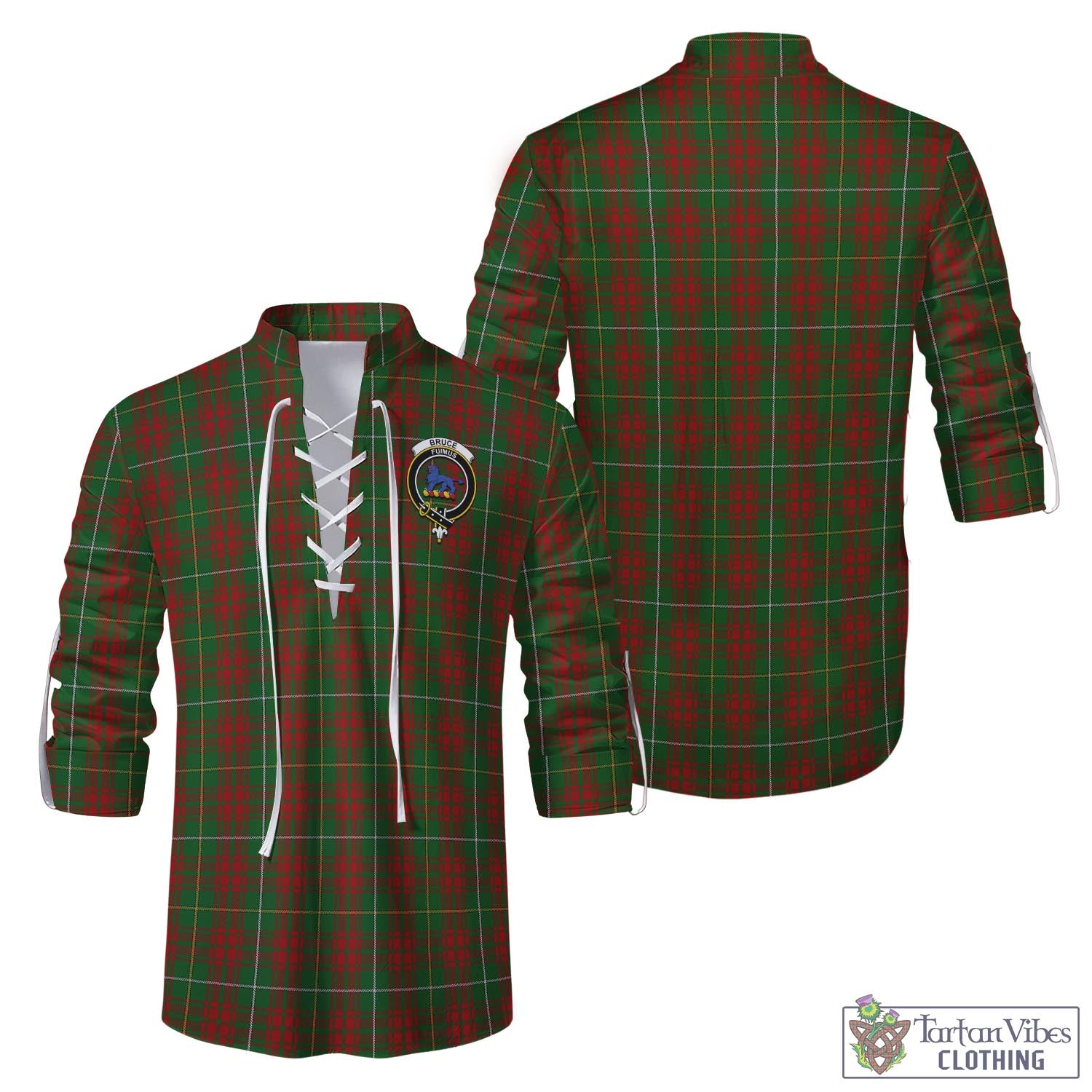 Tartan Vibes Clothing Bruce Hunting Tartan Men's Scottish Traditional Jacobite Ghillie Kilt Shirt with Family Crest