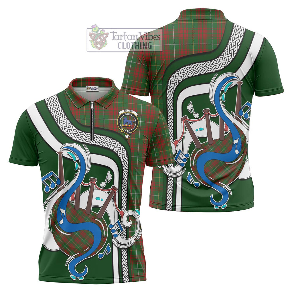 Bruce Hunting Tartan Zipper Polo Shirt with Epic Bagpipe Style Unisex - Tartanvibesclothing Shop