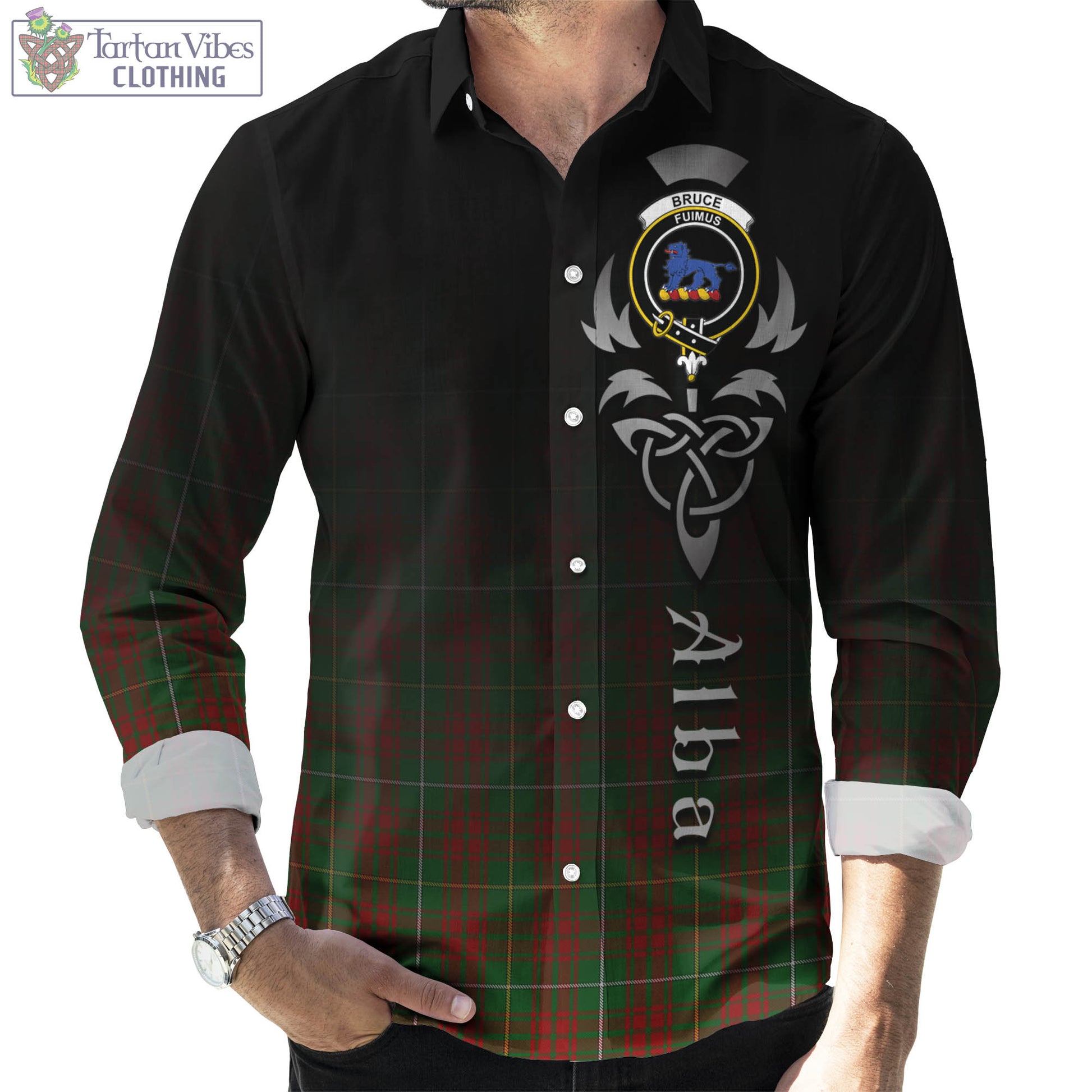 Tartan Vibes Clothing Bruce Hunting Tartan Long Sleeve Button Up Featuring Alba Gu Brath Family Crest Celtic Inspired