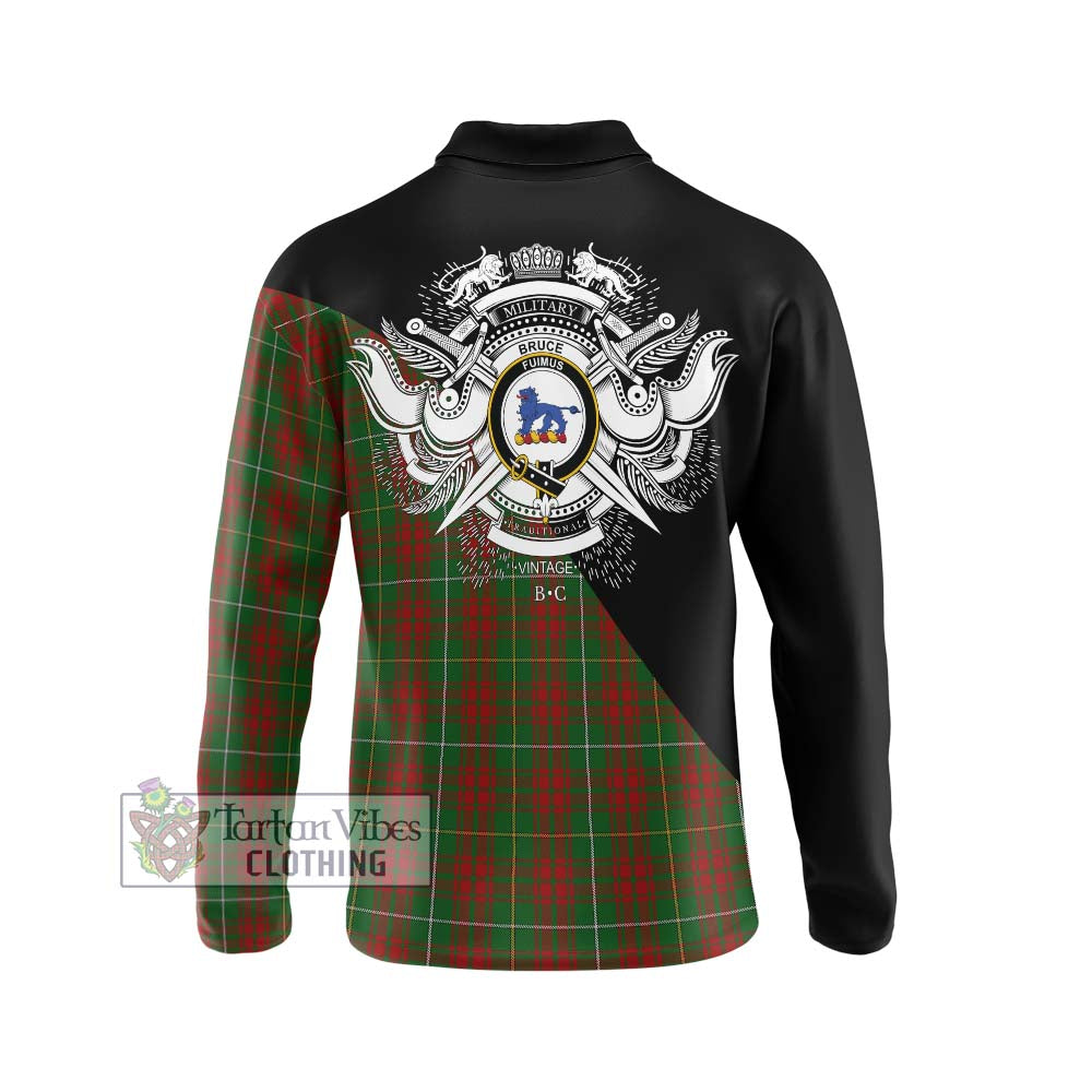 Bruce Hunting Tartan Long Sleeve Polo Shirt with Family Crest and Military Logo Style - Tartanvibesclothing Shop