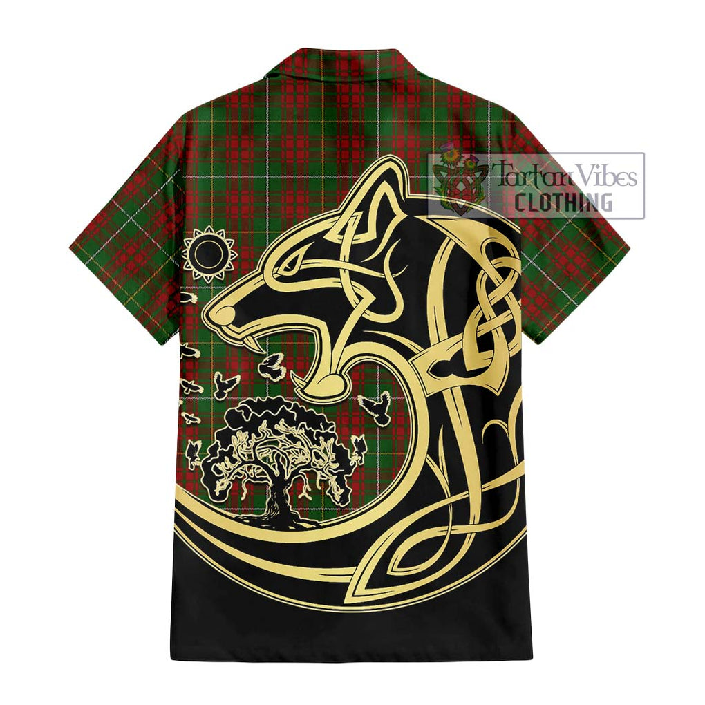 Bruce Hunting Tartan Short Sleeve Button Shirt with Family Crest Celtic Wolf Style - Tartan Vibes Clothing