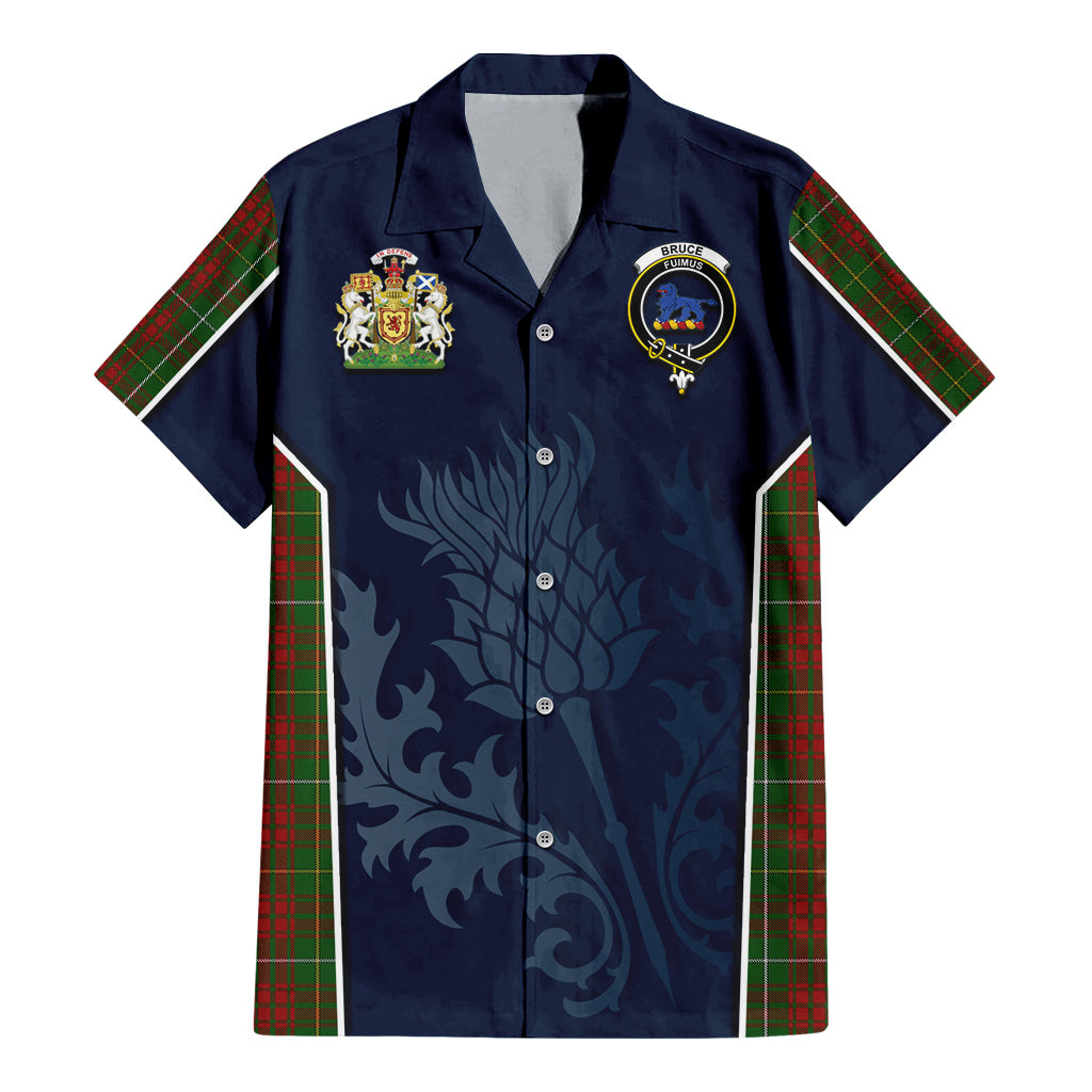 Tartan Vibes Clothing Bruce Hunting Tartan Short Sleeve Button Up Shirt with Family Crest and Scottish Thistle Vibes Sport Style