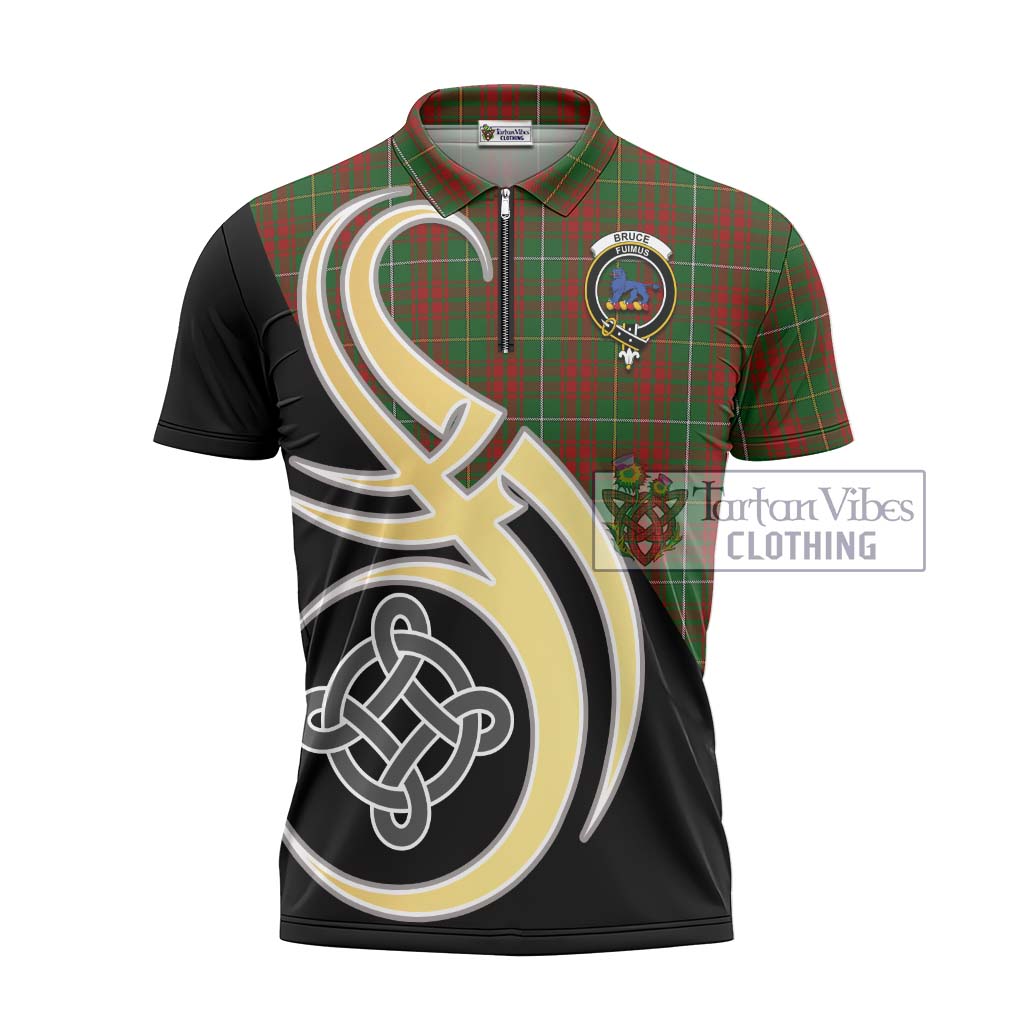 Tartan Vibes Clothing Bruce Hunting Tartan Zipper Polo Shirt with Family Crest and Celtic Symbol Style