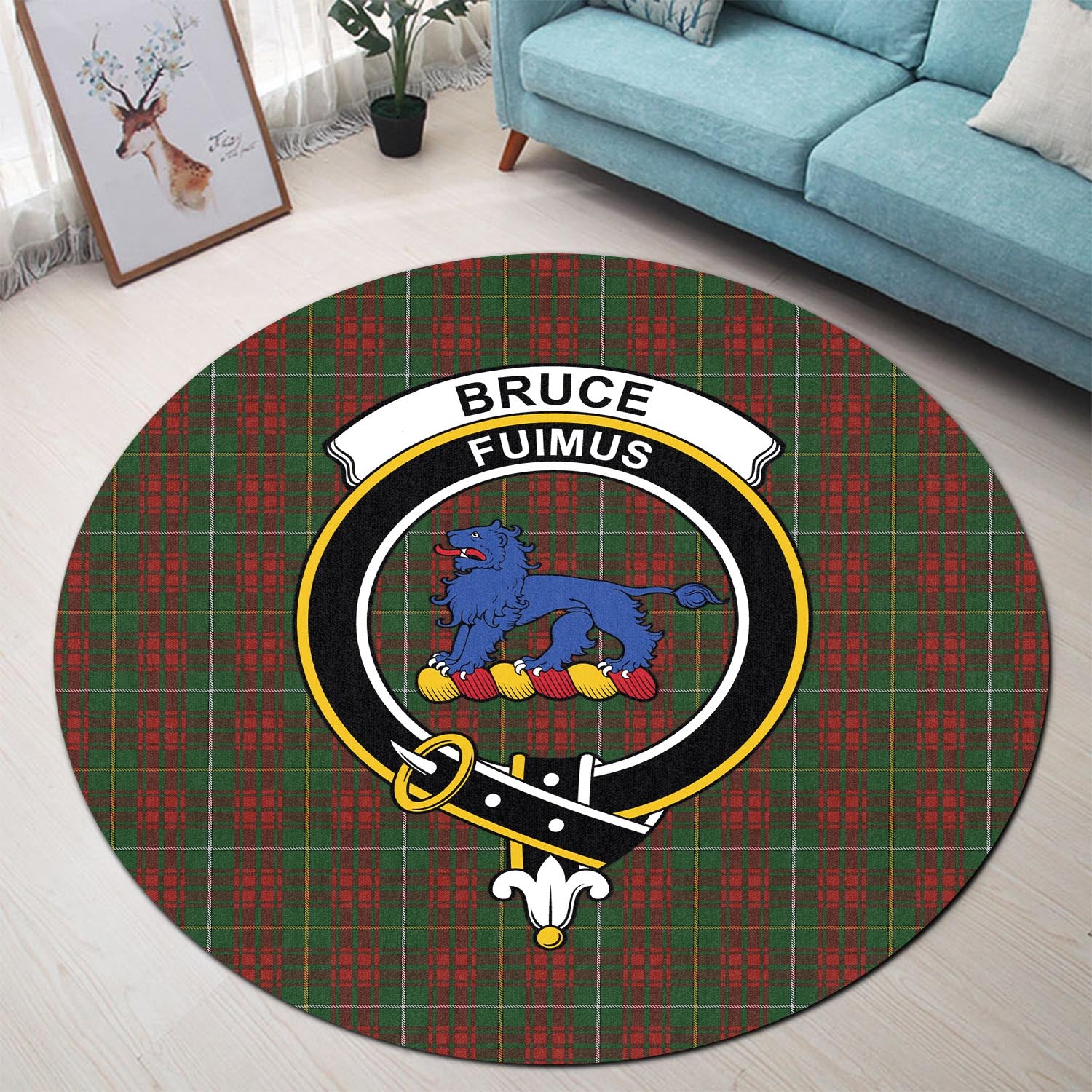 Bruce Hunting Tartan Round Rug with Family Crest - Tartanvibesclothing