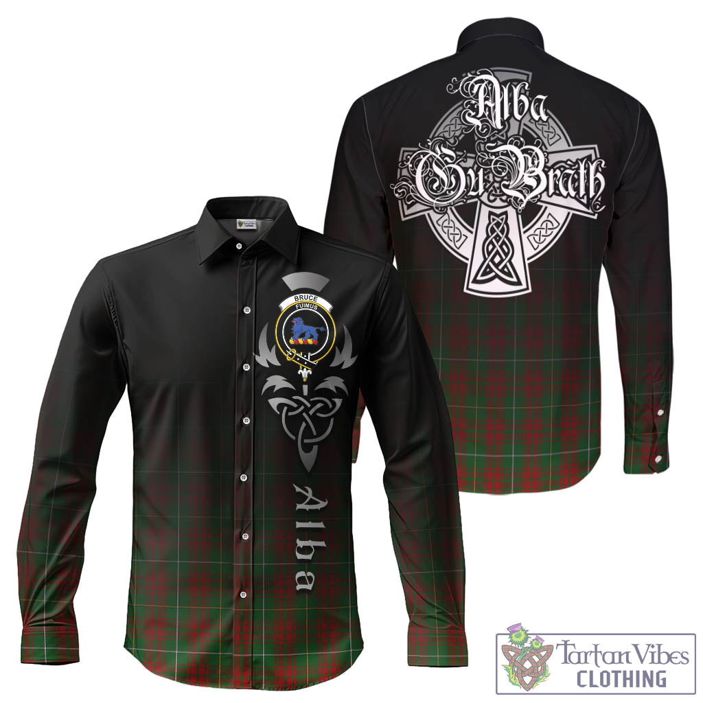 Tartan Vibes Clothing Bruce Hunting Tartan Long Sleeve Button Up Featuring Alba Gu Brath Family Crest Celtic Inspired