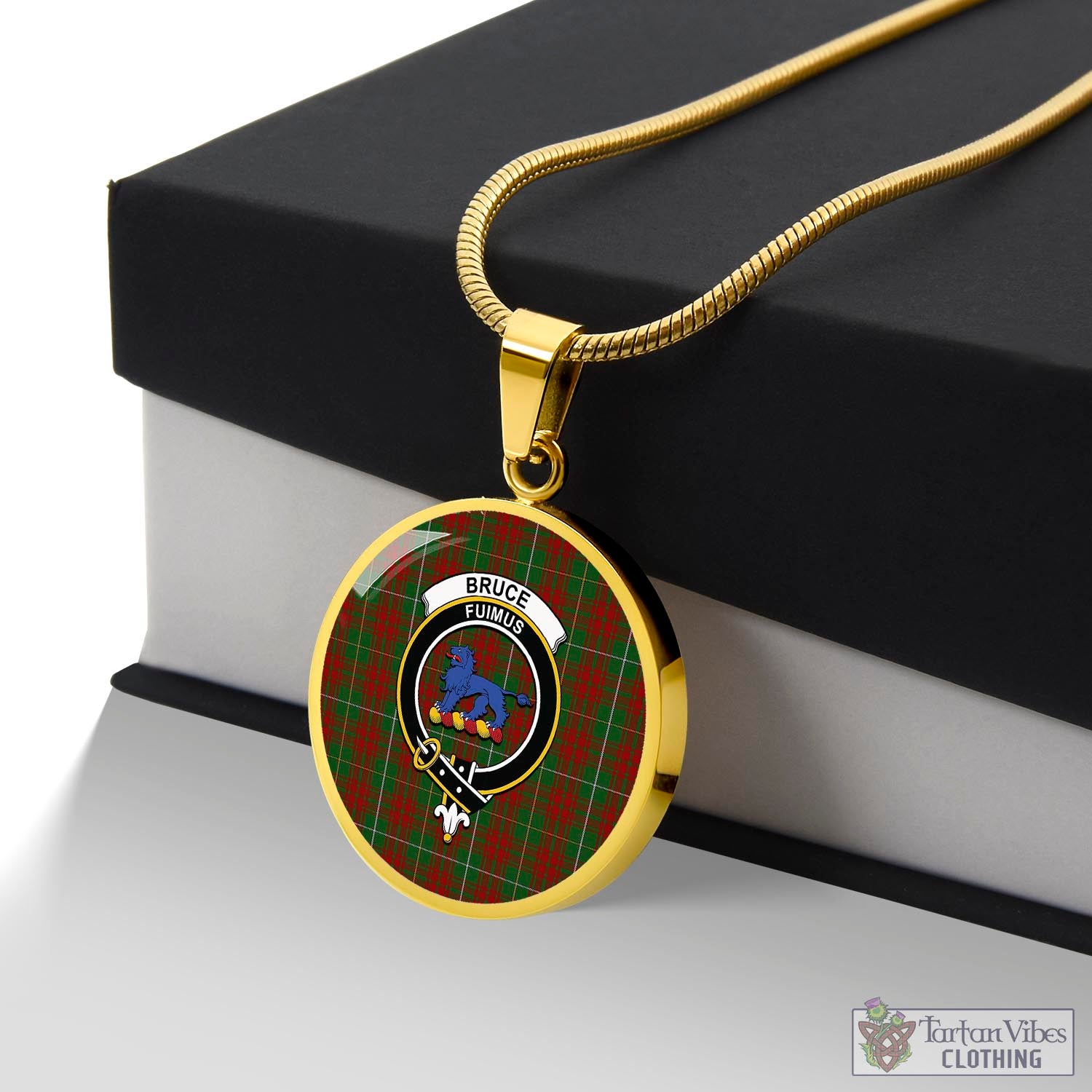 Tartan Vibes Clothing Bruce Hunting Tartan Circle Necklace with Family Crest