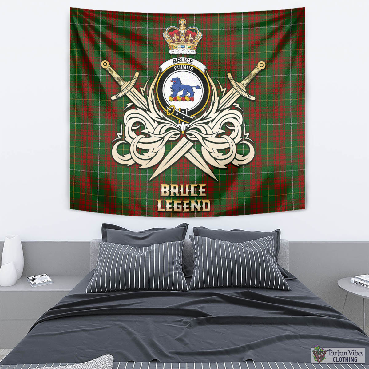 Tartan Vibes Clothing Bruce Hunting Tartan Tapestry with Clan Crest and the Golden Sword of Courageous Legacy