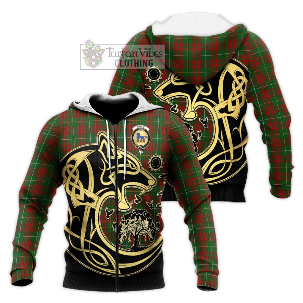 Bruce Hunting Tartan Knitted Hoodie with Family Crest Celtic Wolf Style Unisex Knitted Zip Hoodie - Tartan Vibes Clothing